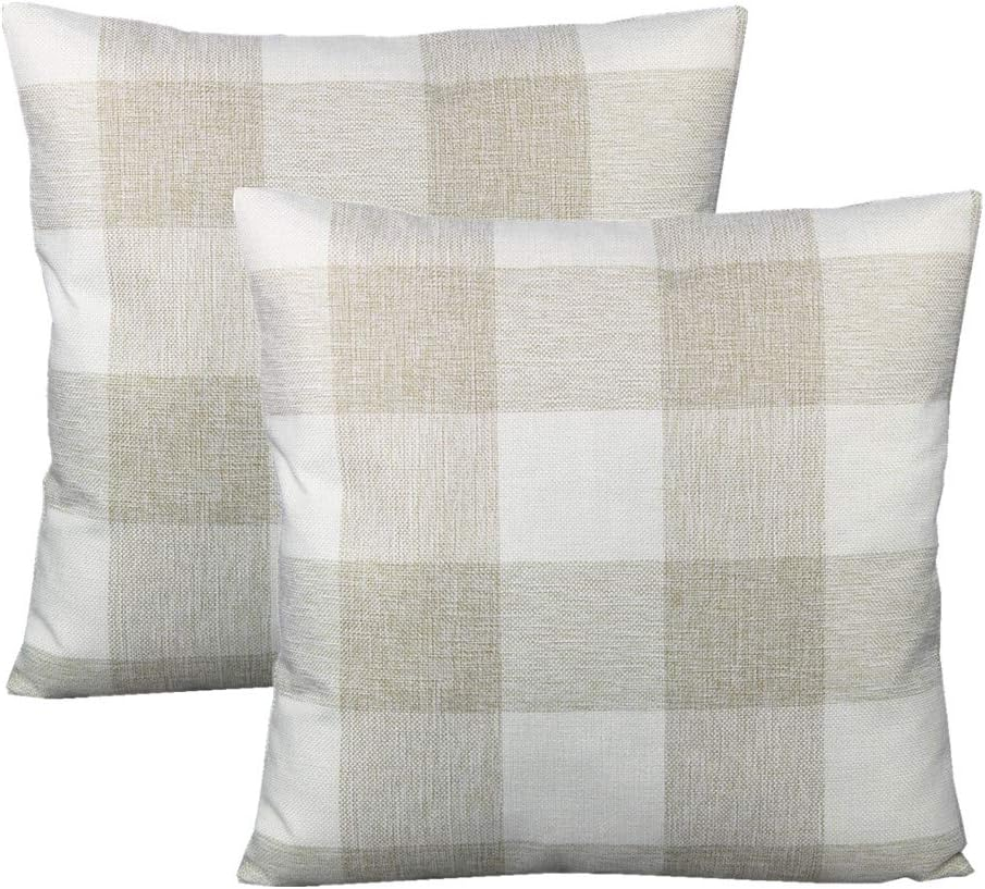 Jiuhong Cotton Linen Throw Pillow Covers Farmhouse Decor Checkers Plaids Square Cushion Case Home Decorative for Sofa Bedroom Car, 2 Pack (Beige, 18 x 18 Inch)