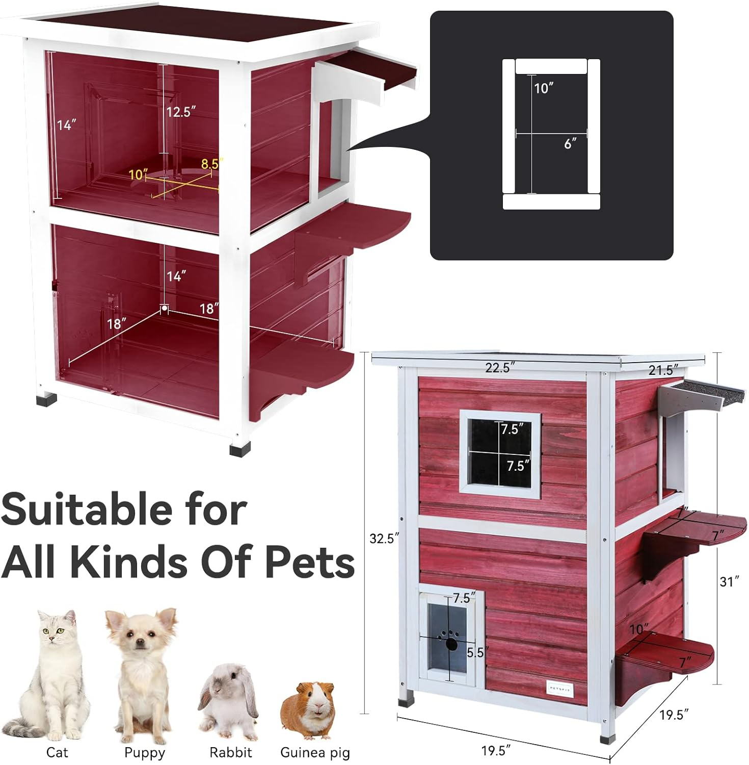 Petsfit 2-Story Weatherproof Outdoor Kitty Cat House/Condo/Shelter with Escape Door Red