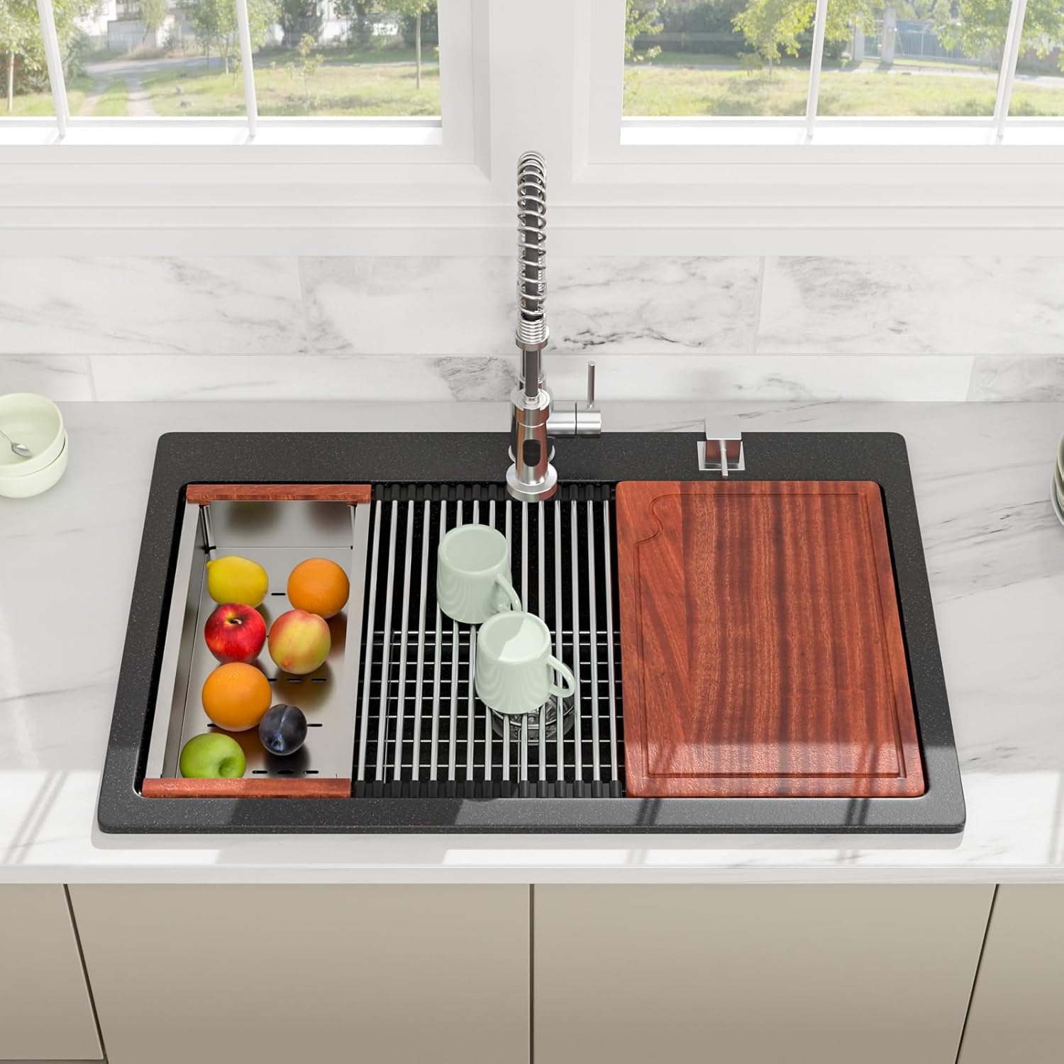 33 Granite Composite Kitchen Sink - 33x22 Inch Black Granite Kitchen Sinks Drop In Black Quartz Sink Ledge Workstation Classic Above Counter Single Bowl Sinks Basin