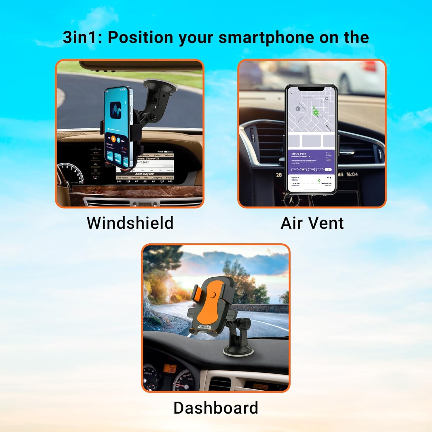 Armor All Universal Smartphone Mount with Dashboard, Windshield and Air Vent Mounting Systems, Great for Phone Calls and GPS