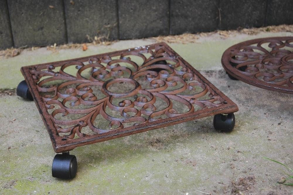 Square Brown Cast Iron Plant Trolley with Scroll Design