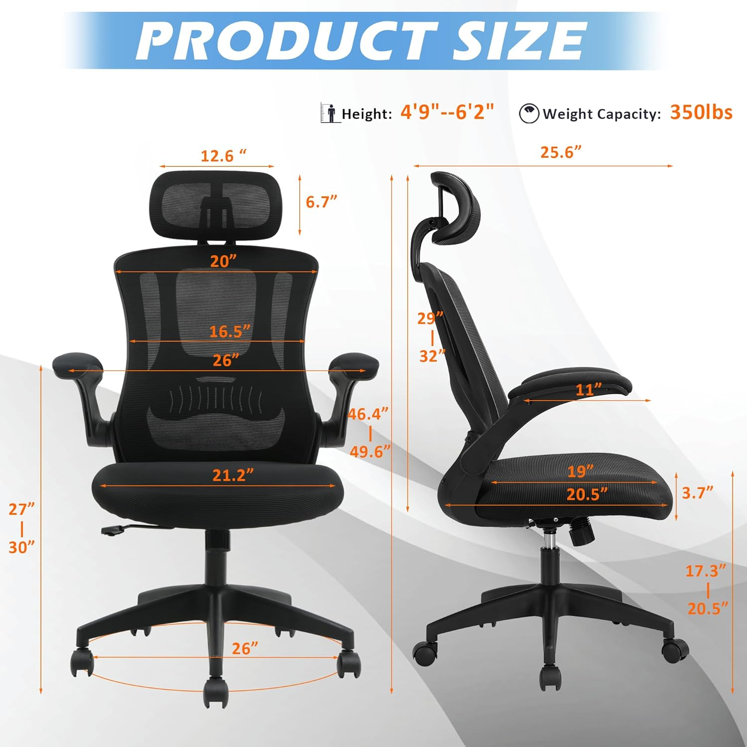 PrimeZone Ergonomic Office Desk Chair - Comfy Mesh Computer Chair with Flip-up Arms & Lumbar Support & Headrest & Tilt Function, Big and Tall High Back Chair for Home Office, 300 lbs Capacity, Black
