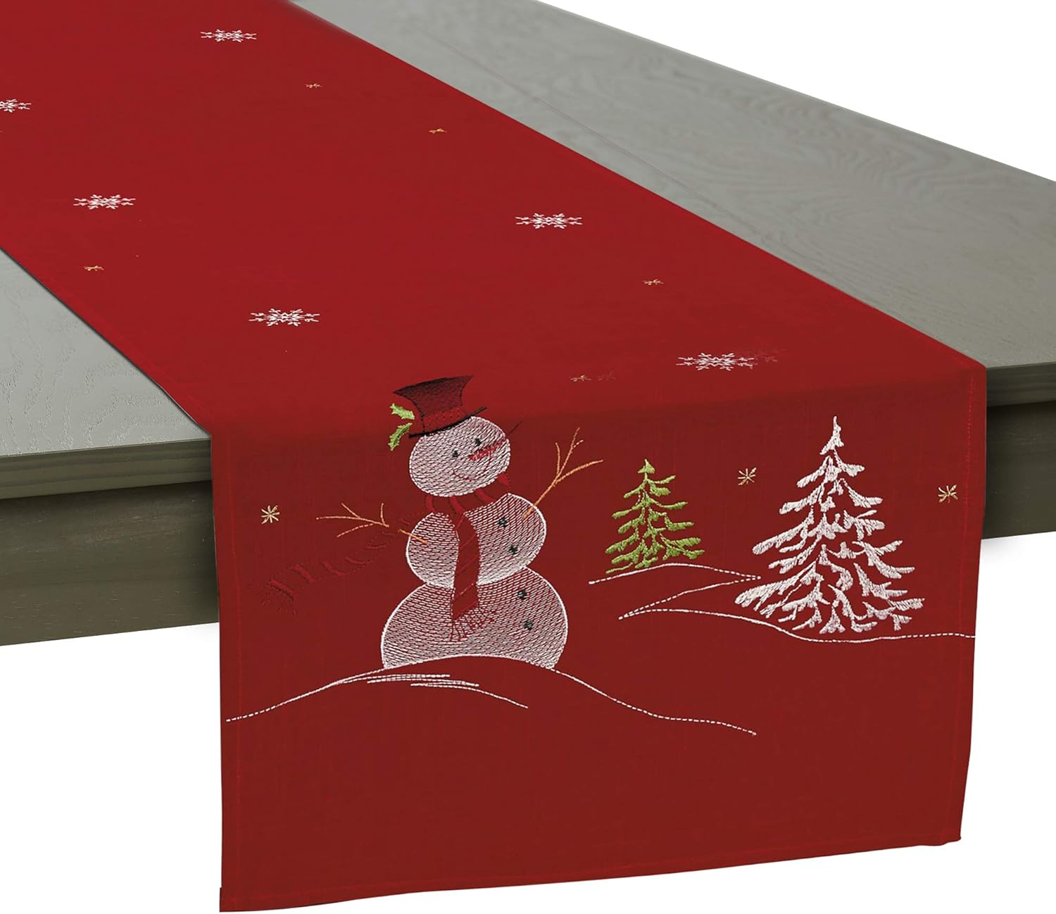 DII Embroidered Holiday Table Décor Collection Christmas Kitchen, Snowman Table Runner, 14x70, Red