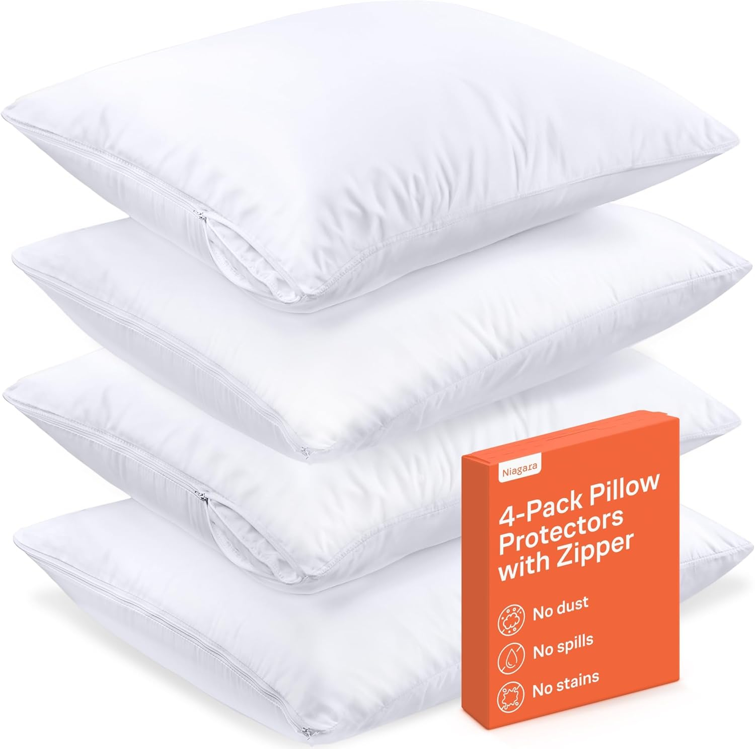 Ultra Soft Pillow Protectors with Zipper King Size - Set of 4 Breathable Pillow Covers - 100% Protection Against Stains, Dust & Dirt - Machine Washable (White)