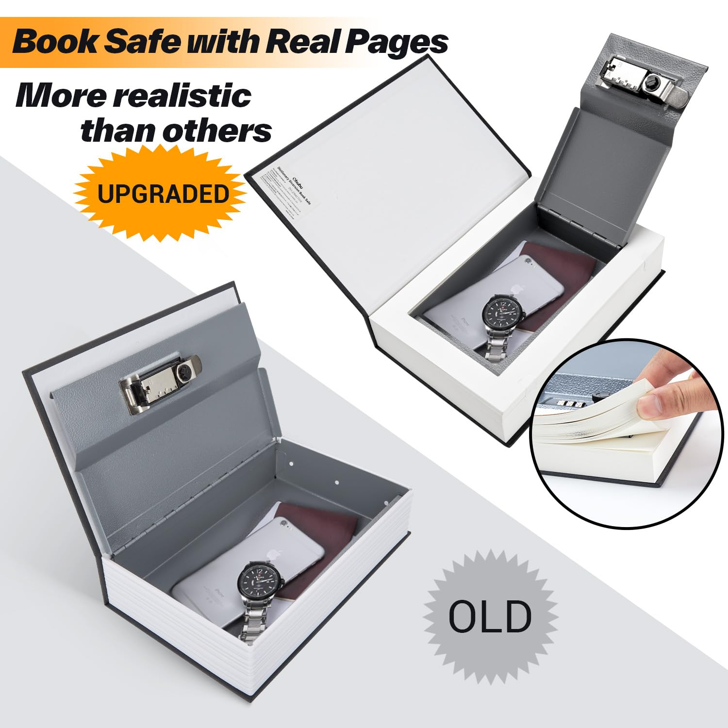 Book Safe Box with Combination Lock, Ohuhu Upgrade Dictionary Diversion Safe Secret Hidden Box for Home Office, Portable Safe Box for Money Cash Jewelry