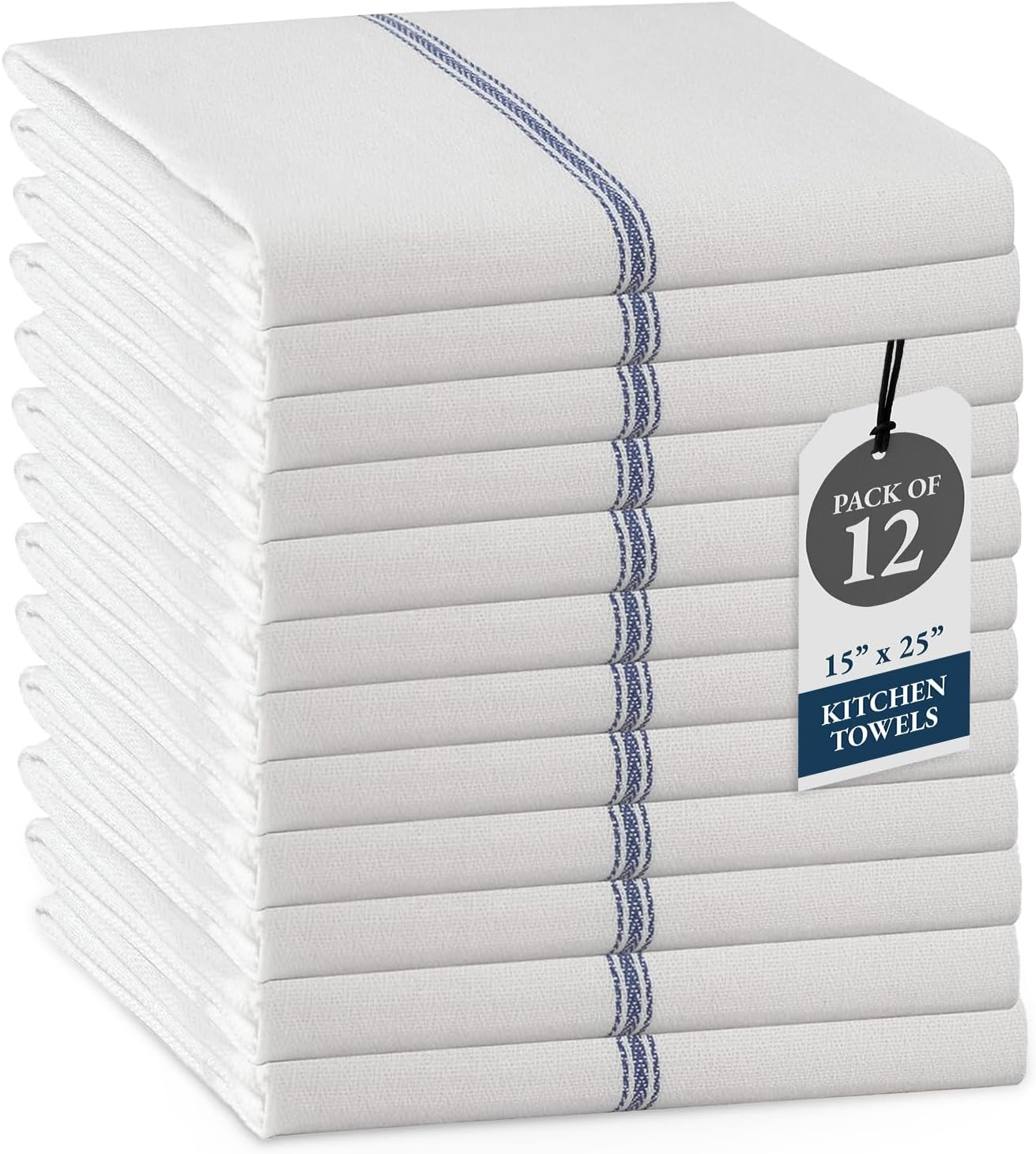 Kitchen Towels Set - 100% Pure Cotton Dish Towels for Kitchen, Super Absorbent Kitchen Hand Towel, Soft & Durable Dish Cloths, Pack of 12 – 15”x25”, Blue Stripe