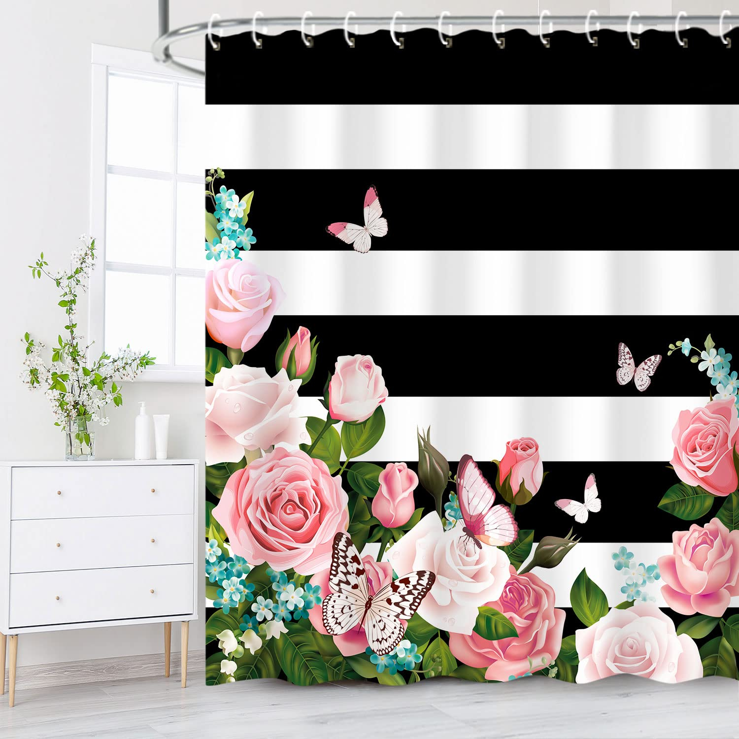 LIVILAN Striped Shower Curtain with Pink Roses, Pink Shower Curtain，Butterfly Shower Curtains Set with Hooks, Girly Shower Curtain for Bathroom 72x72 Inches