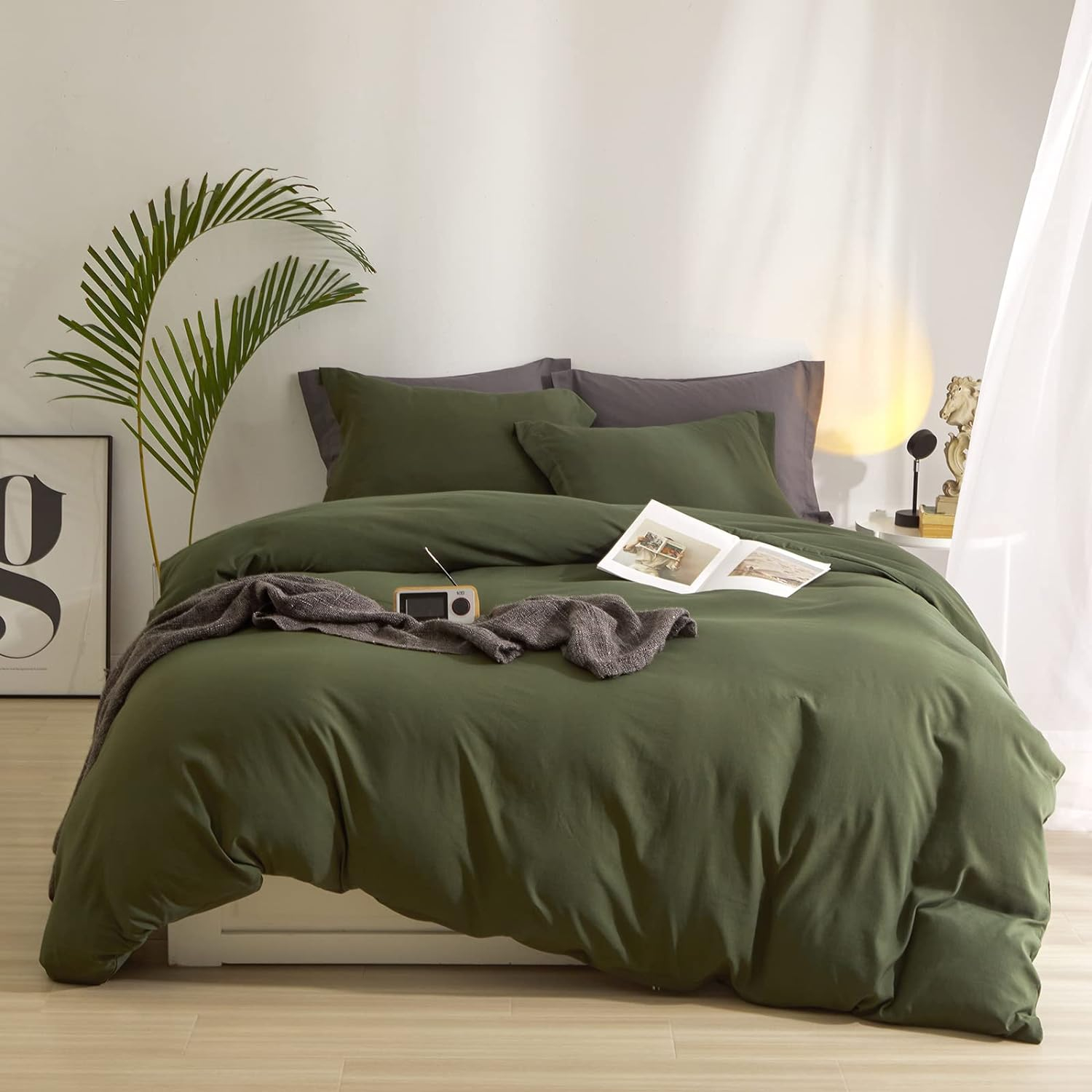 AMWAN Army Green Duvet Cover Full Bedding Set Modern Soft Olive Green Duvet Cover Full Size 3 Pieces Comforter Cover Forest Green Bedding Duvet Cover 1 Green Duvet Cover 80”x90” with 2 Pillowcases