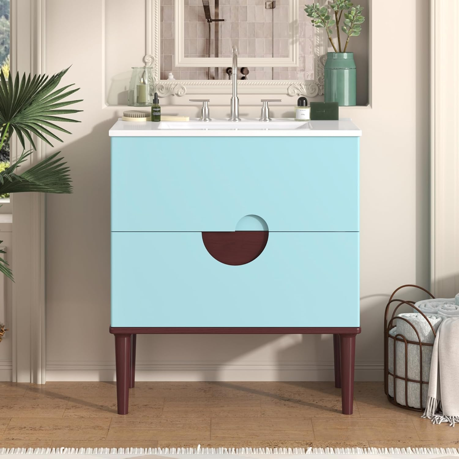 30 Inch Bathroom Vanity with Ceramic Sink, Modern Bathroom Storage Cabinet with Swirled Design, Vanities with 2 Drawers for Modern Minimalist Powder Room