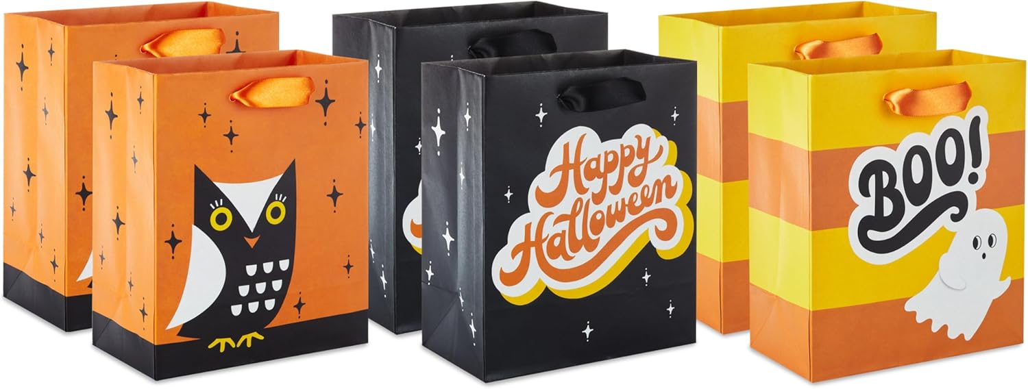 Hallmark 6" Small Halloween Gift Bags (6 Bags, 3 Designs: Owl, Ghost, "Happy Halloween") for Kids, Boo Bags, Classroom Parties, Teacher Gifts