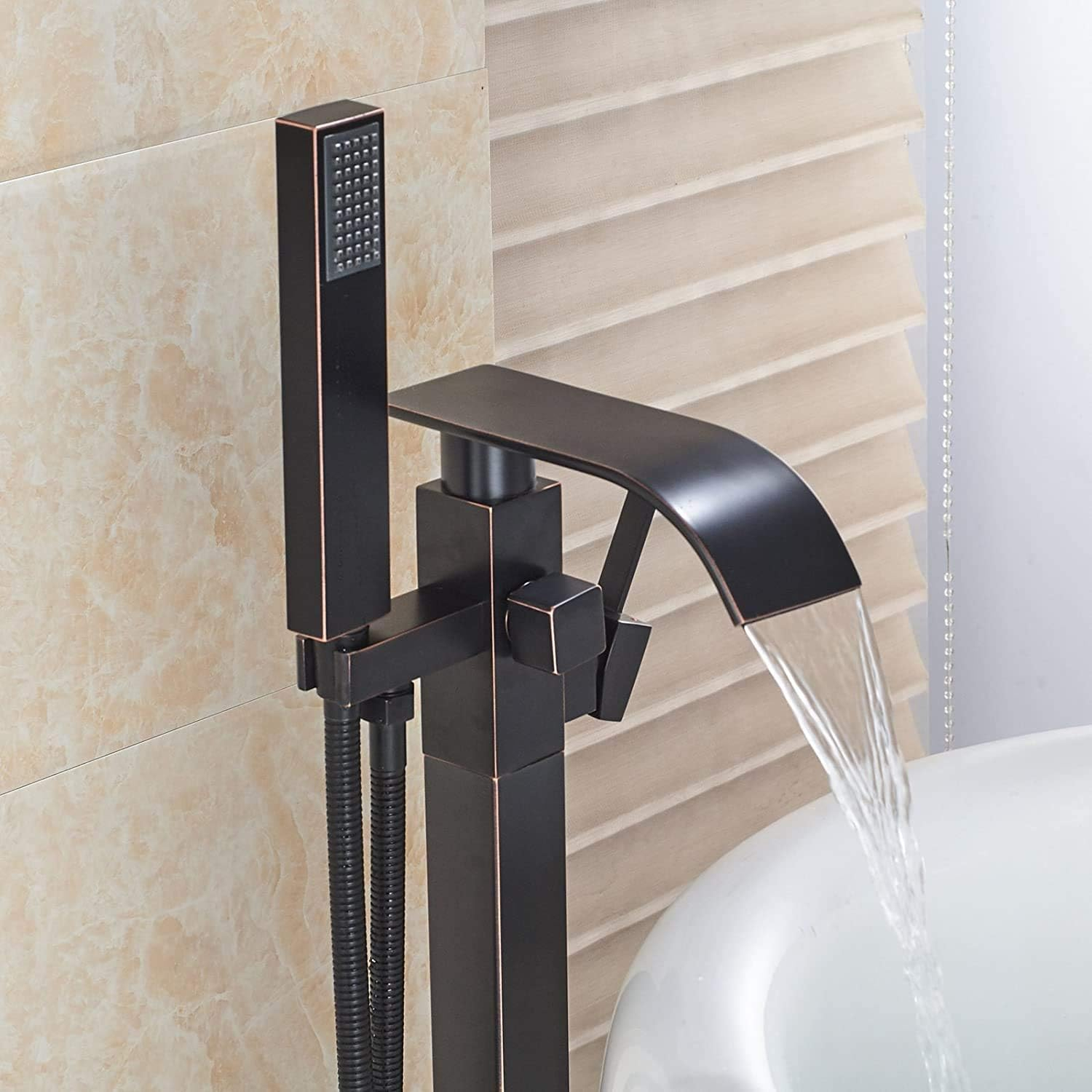 Senlesen Barthroom Tub Filler Faucet Floor Mounted Bathtub Shower Faucet Waterfall Spout Free Standing Tub Mixer Tap with Handheld Sprayer