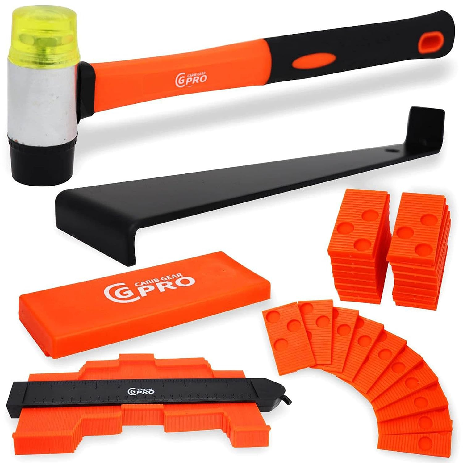Vinyl Floor Installation Kit | 44-Piece laminate Wood Flooring Tools with 40 Spacers | Heavy Duty Pull Bar and Tapping Block | Fiberglass Handle Mallet & Contour Gauge