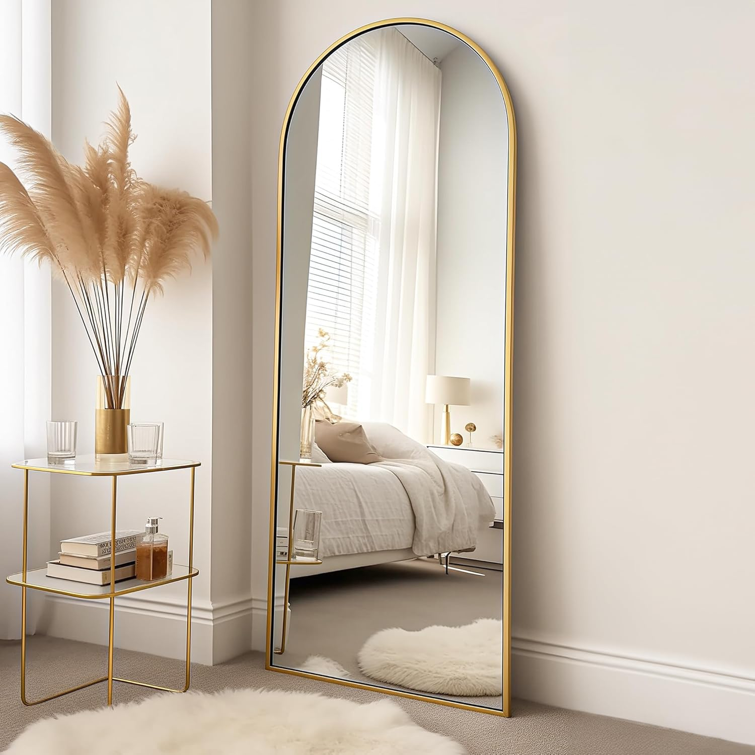 GLSLAND Full Length Mirror Arch Standing Floor Mirror, 64"x21" Arched Wall Mirror, Gold