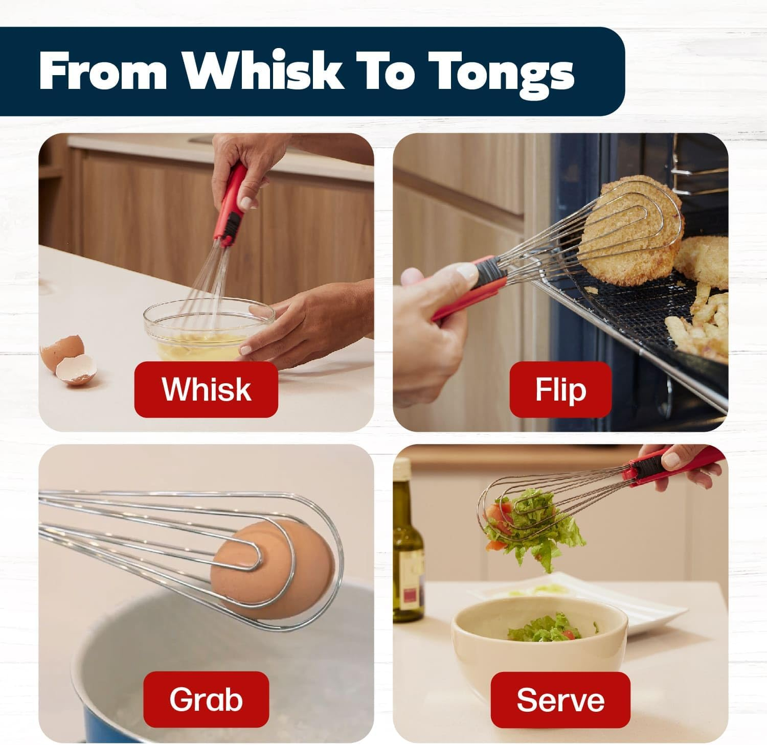 Cooks Innovations Foodie Tongs for Cooking - Dishwasher Safe 6-In-1 Kitchen Gadget - Red