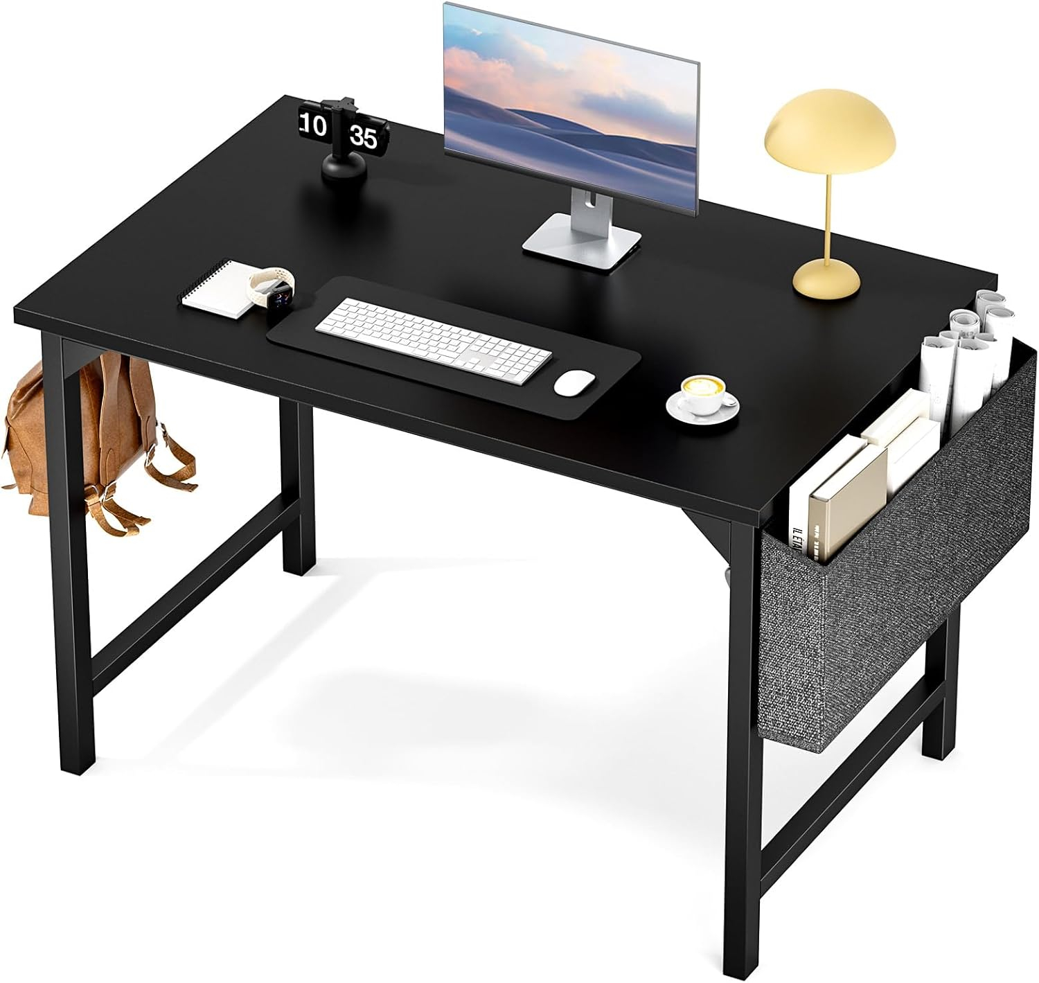 Sweetcrispy Small Computer Office Desk 40 Inch Kids Student Study Writing Work with Storage Bag & Headphone Hooks Modern Simple Home Bedroom PC Table - Black