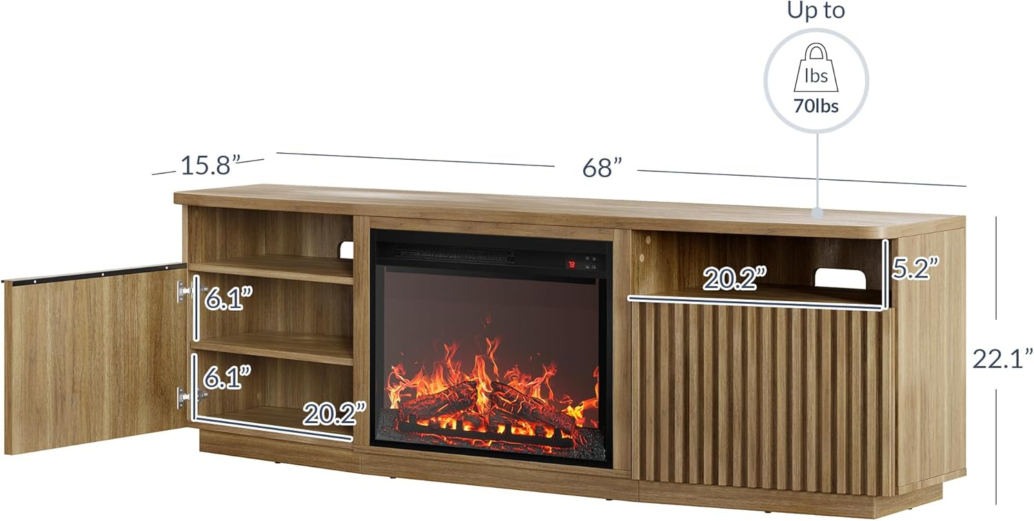 BELLEZE TV Stand with 23" Electric Fireplace Heater, 68" Entertainment Center for TV Up to 75", Media Console Table with Cable Management for Living Room, Bedroom - Camel