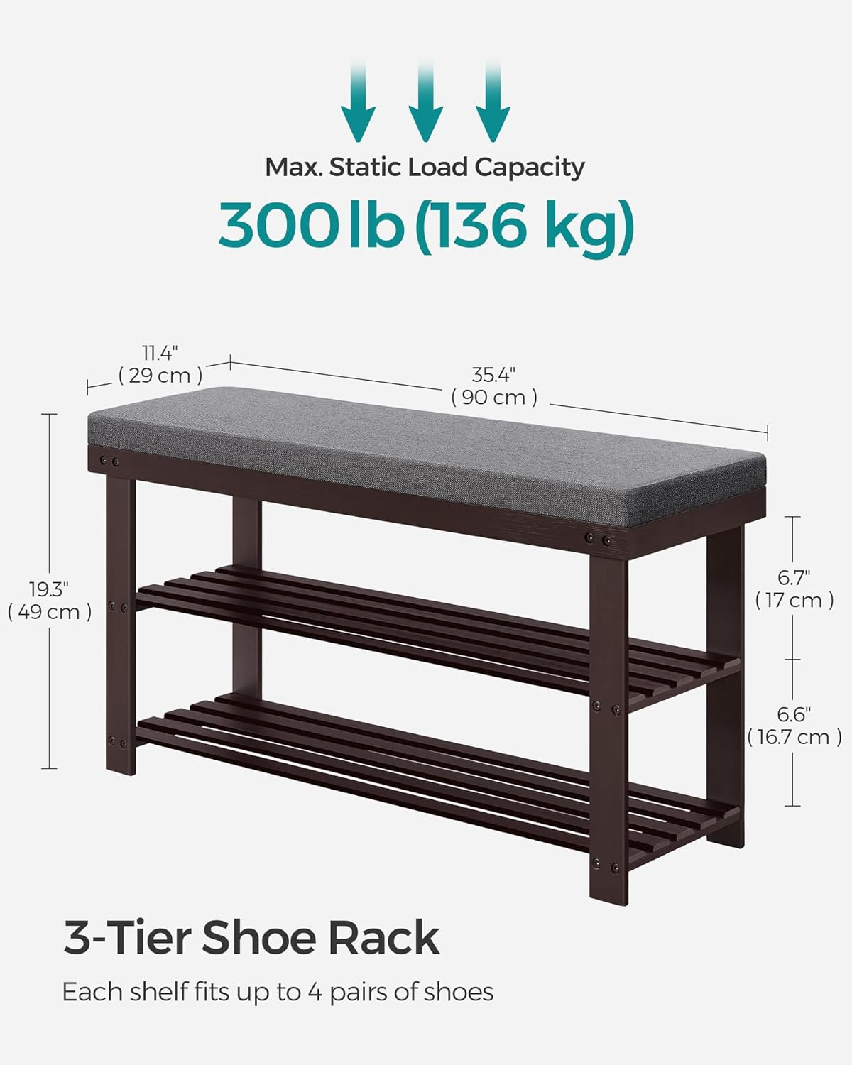 SONGMICS Bamboo Shoe Bench, 3-Tier Shoe Rack, Stable Shoe Organizer for Entryway, Living Room, Bench Seat Holds Up to 300 lb, 11.4 x 35.4 x 19.3 Inches, Brown and Gray ULBS904B32