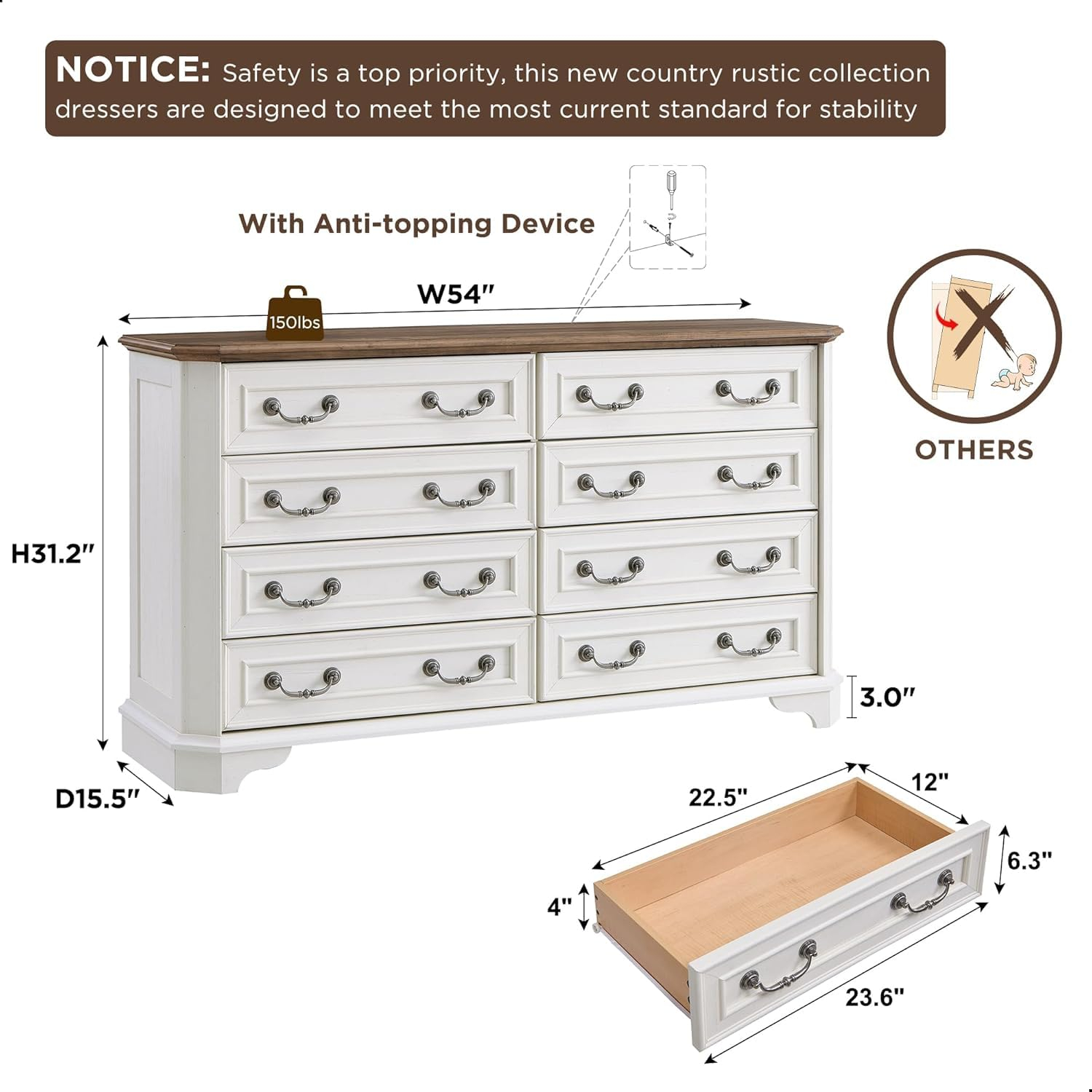 T4TREAM Farmhouse 8 Drawers Dresser for Bedroom, 54" Wide Wood Rustic Chest of Drawers with Natural Texture, Vintage Design, Storage Dressers Organizer for Bedroom, Living Room (Antique White)