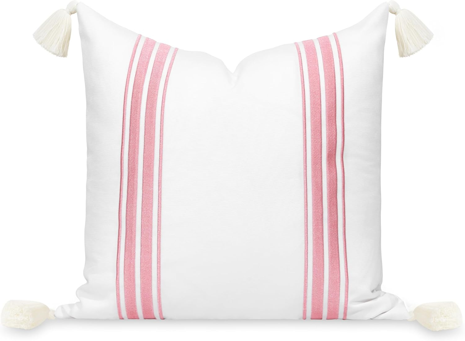 Hofdeco Premium Coastal Patio Indoor Outdoor Throw Pillow Cover Only, 20"x20" Water Repellent for Backyard, Couch, Blush Pink Embroidered Stripes with Tassels
