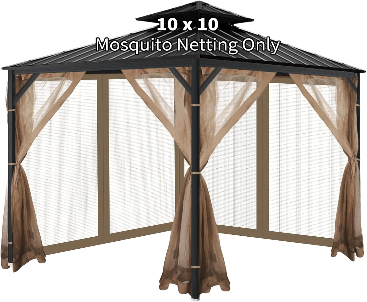 Gazebo Universal Replacement Mosquito Netting, 10'x10' Gazebo Netting Outdoor, 4-Panel Screen Walls for Outdoor Patio with Zipper (Mosquito Net Only) (Brown)