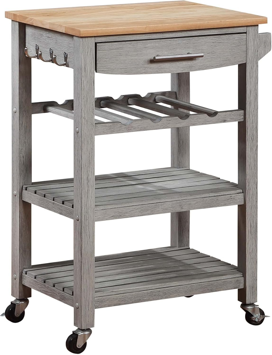 Ellaine Light Gray Solid Wood Butcher Block Kitchen Cart with Wine Rack