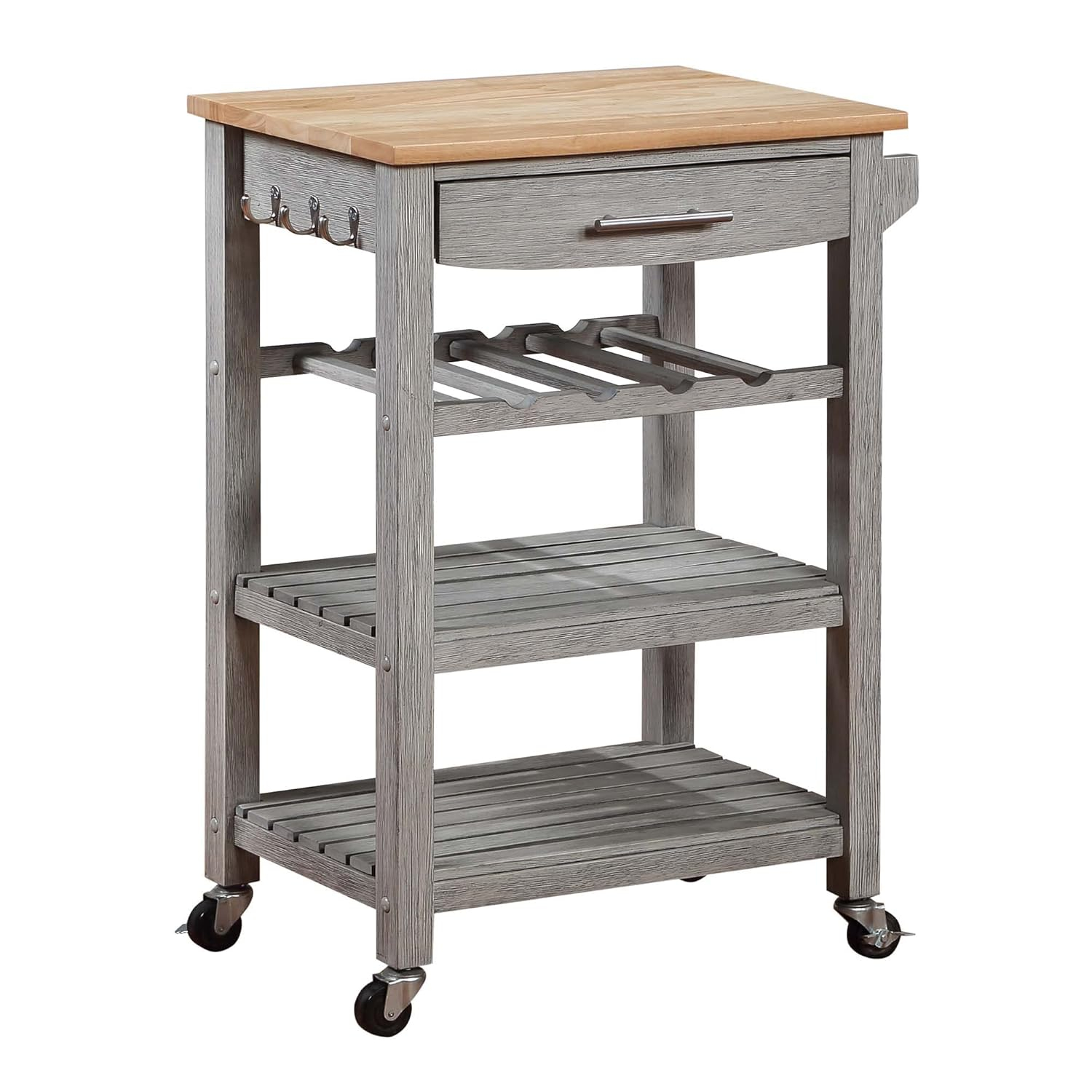 Ellaine Light Gray Solid Wood Butcher Block Kitchen Cart with Wine Rack