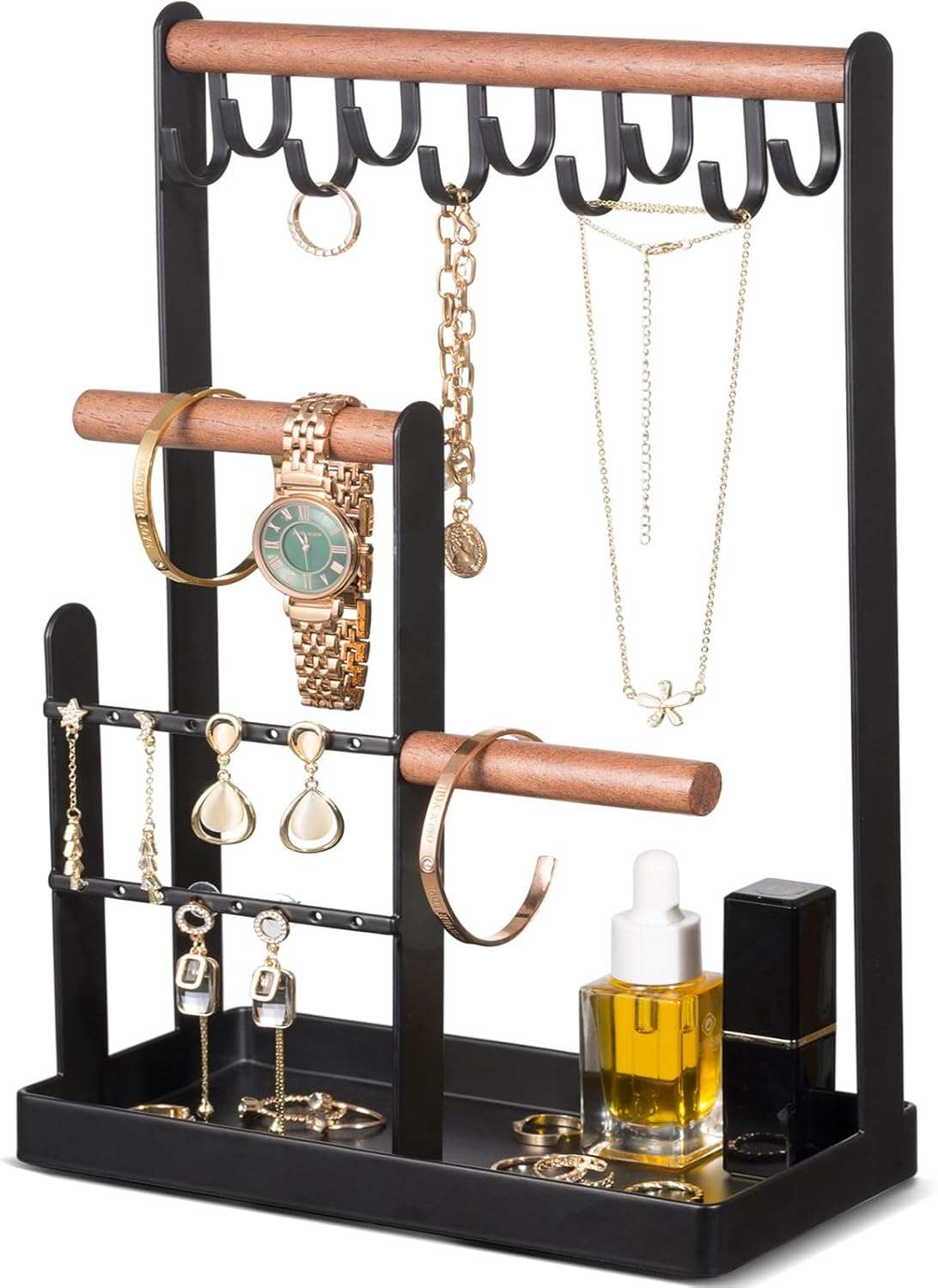 ProCase Jewelry Organizer Stand Necklace Holder, 4-Tier Jewelry Tower Rack with Earring Tray and Holes, 10 Hooks Necklaces Hanging Storage Tree Display for Bracelets Watches Earrings Rings -Black