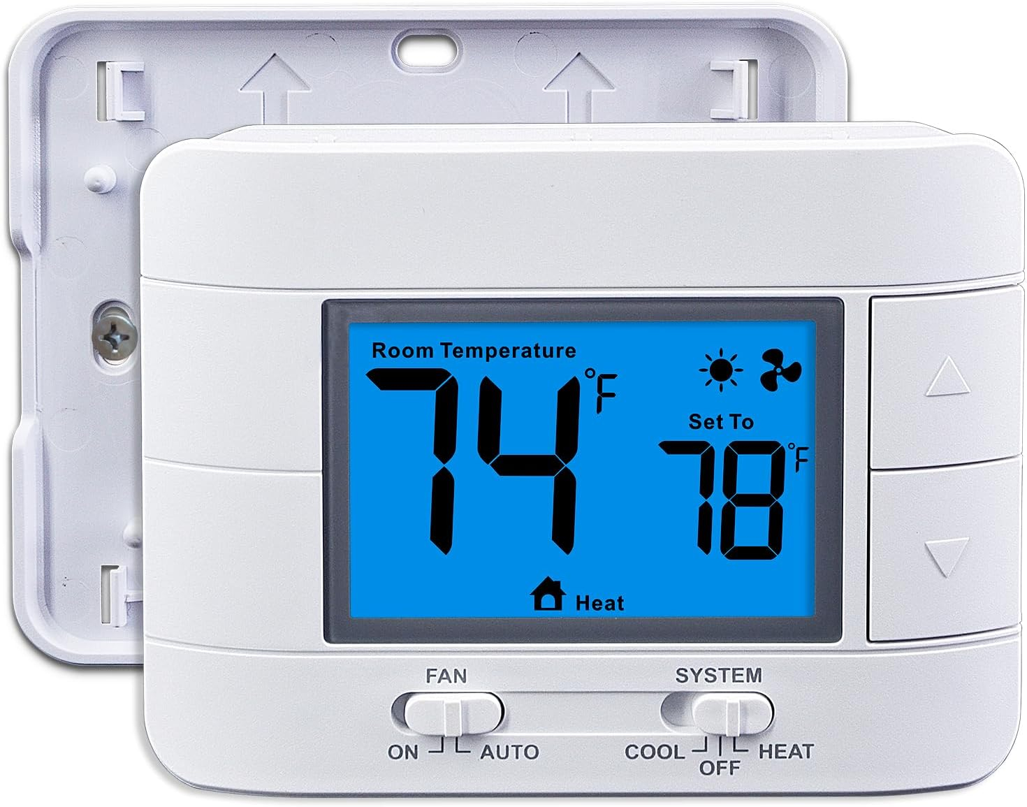 Non Programmable Thermostat for Home 1 Heat/ 1 Cool Single-Stage System, with Room Temperature Monitor (LCD White Backlit Screen)