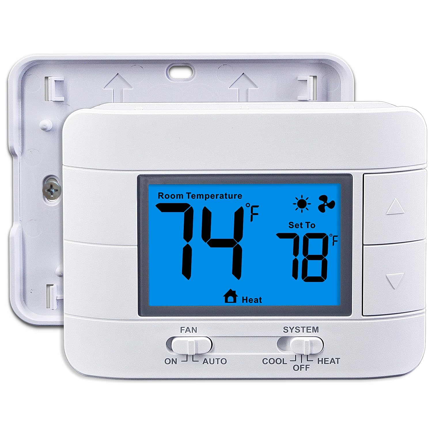 Non Programmable Thermostat for Home 1 Heat/ 1 Cool Single-Stage System, with Room Temperature Monitor (LCD White Backlit Screen)