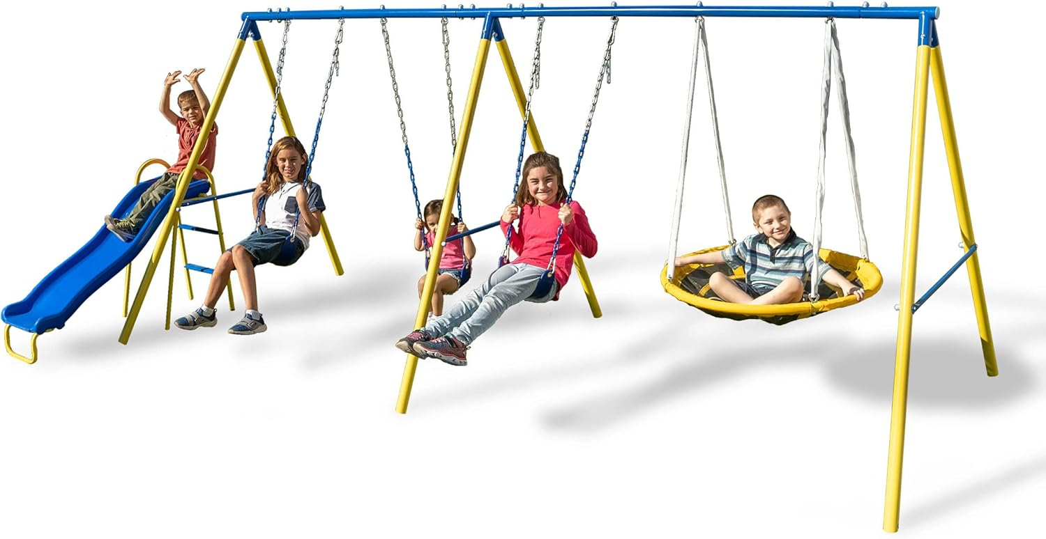 Sportspower Albany Metal Swing Set with 2 Person Glider Swing, 2 Adjustable Sling Swing Seats, 5' Double Wall Slide with Lifetime Warranty, & Bonus Anchor Kit, Great for Kids 3-8