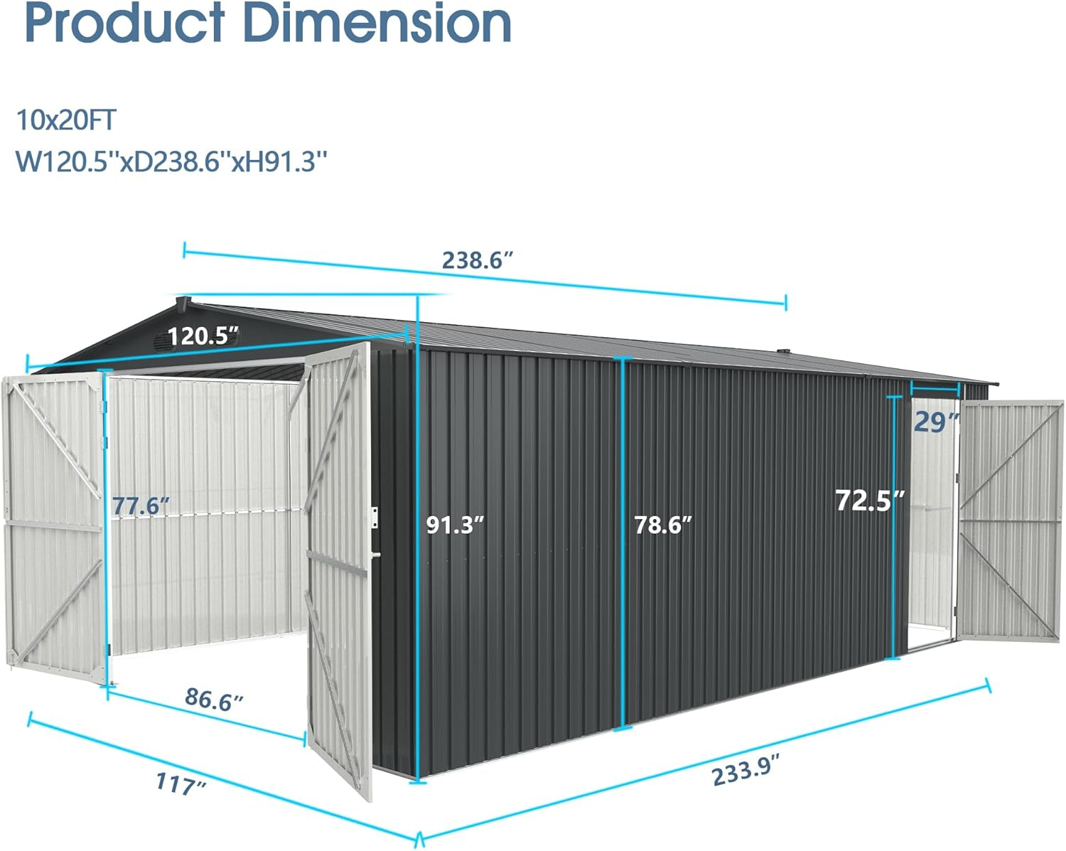20 x 10 FT Outdoor Storage Shed, Large Metal Garden Shed with 2 Lockable Doors, Tool Shed Outdoor Storage with 4 Air Vents, Garage Shed Waterproof for Car, Truck, Bike, Garbage Can, Tool, Dark Gray