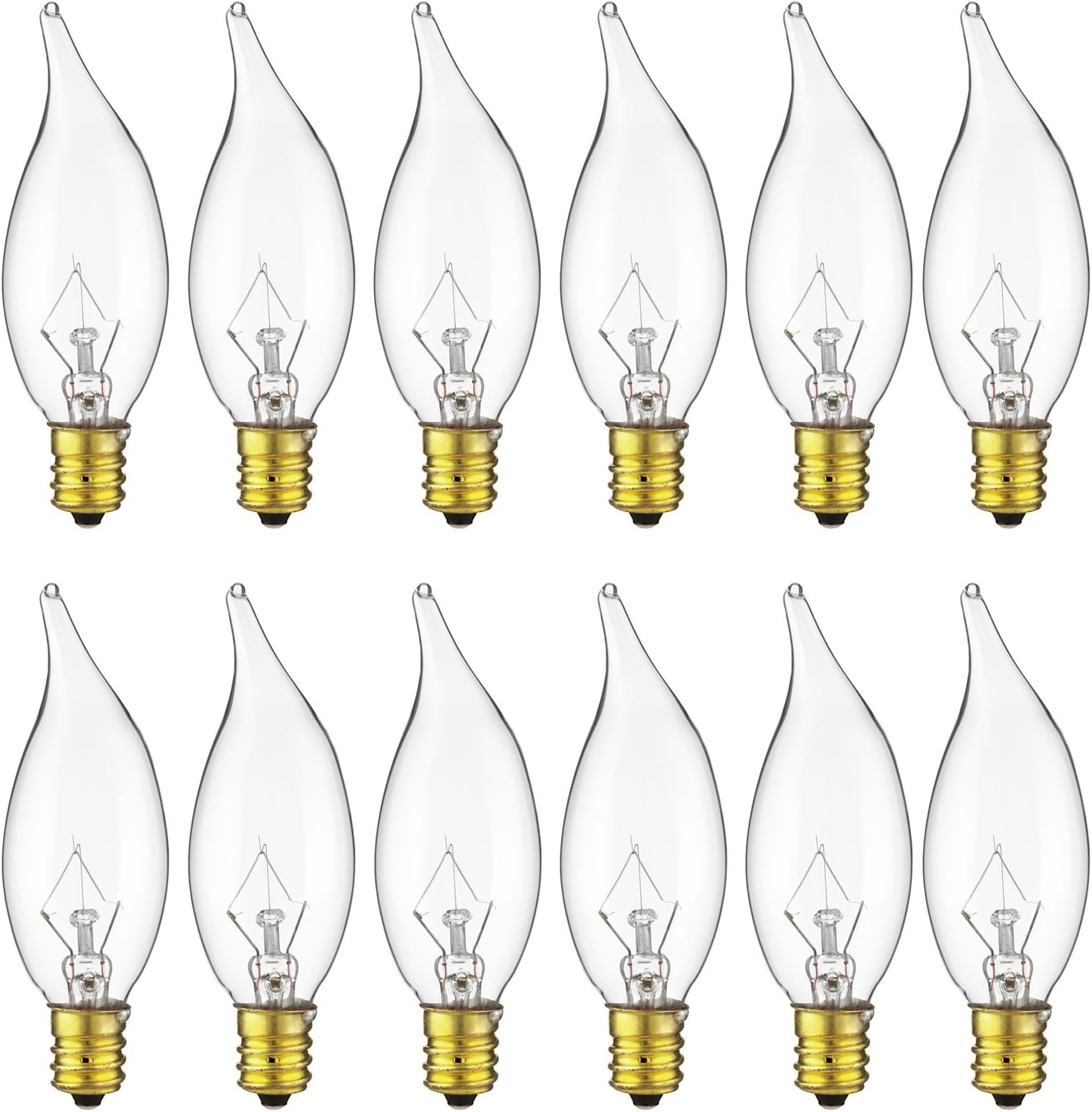 Sunlite 15CFC/25/12PK Flame Tip 15W Incandescent Petite Chandelier Light Bulb, Candelabra (E12) Base, Crystal Clear Bulb (12 Pack)