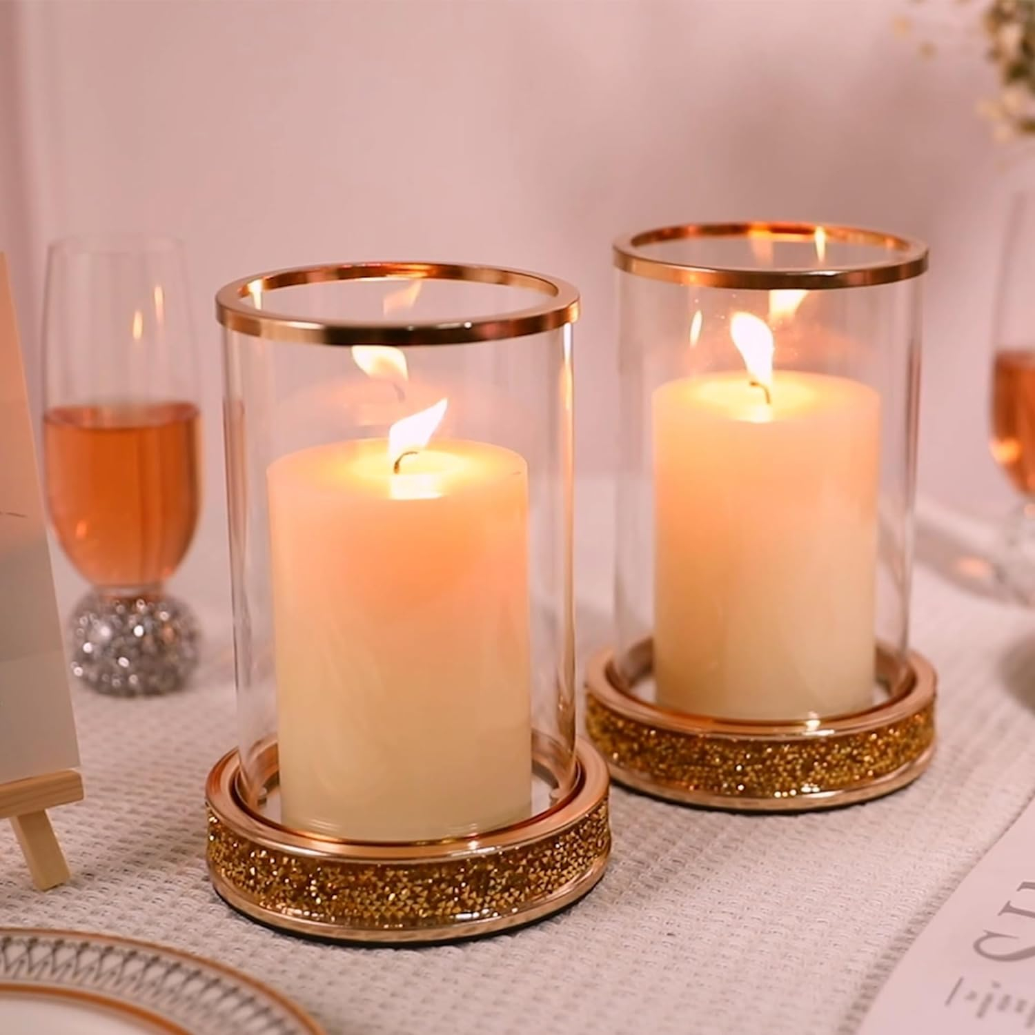 Pillar Candle Holders Set of 2,Hurricane Candle Holders,Candlesticks Holder With Glass Hurricane Lid,Metal Candle Holder For Coffee Dining Table, Wedding, Christmas, Home Decoration,Gold Candle Holder