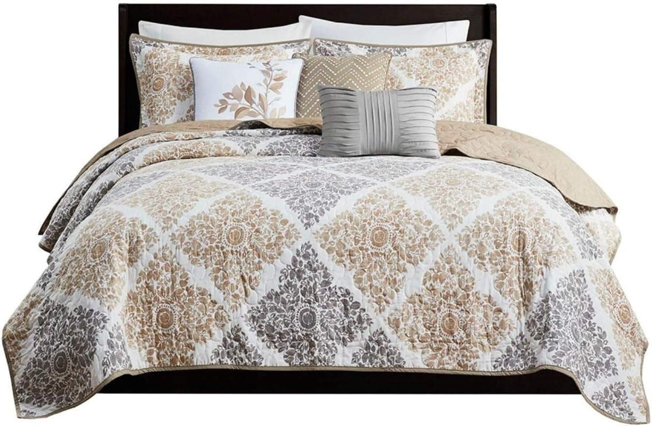Madison Park Claire Quilt Modern Design - All Season, Breathable Coverlet Lightweight Bedding Set, Matching Shams, Decorative Pillow, King/Cal King (104 in x 92 in), Diamond Neutral 6 Piece