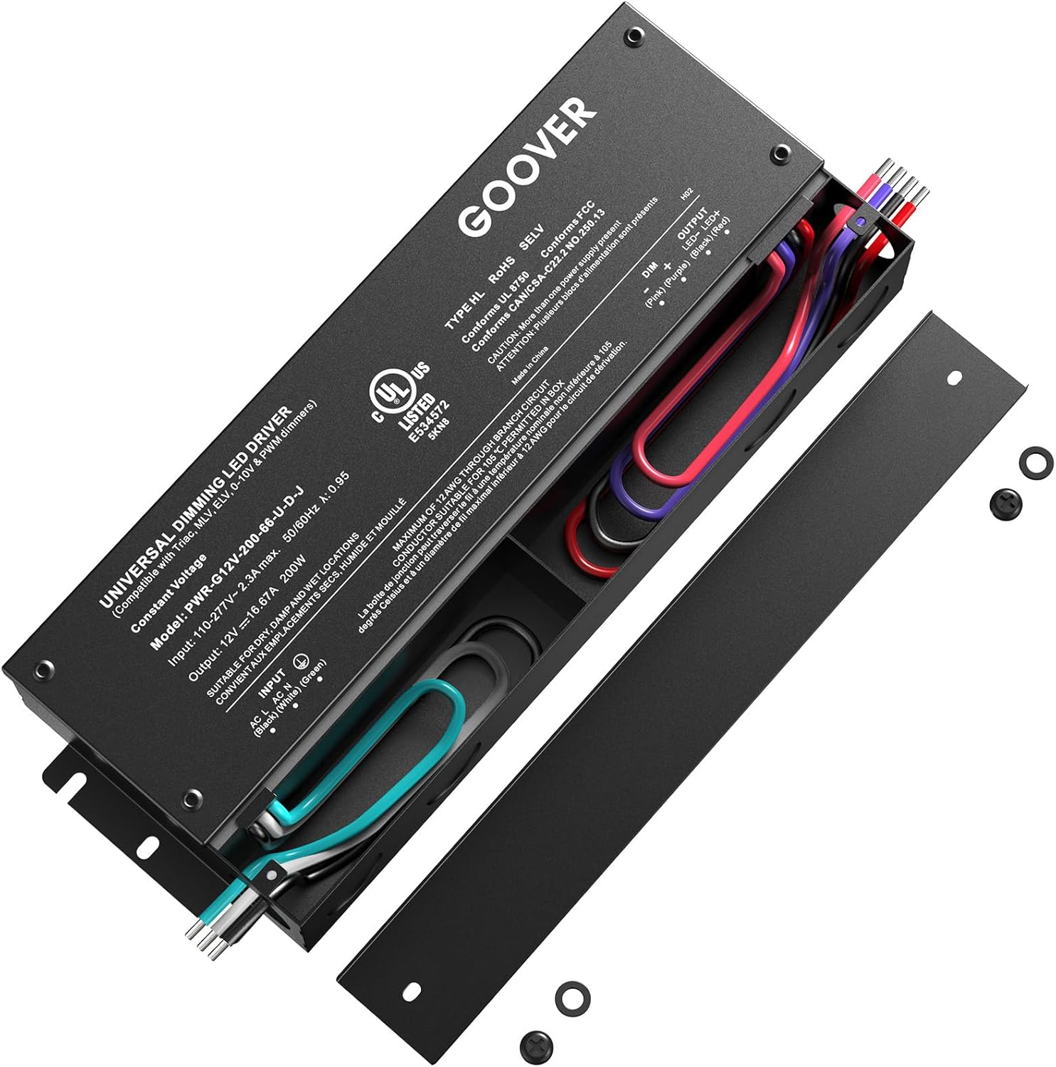 GOOVER 200W Dimmable LED Driver, 12V Triac Dimmable Power Supply, AC to DC Transformer for LED Light, Compatible with Lutron and Leviton Dimmer, Waterproof IP67 and UL Listed