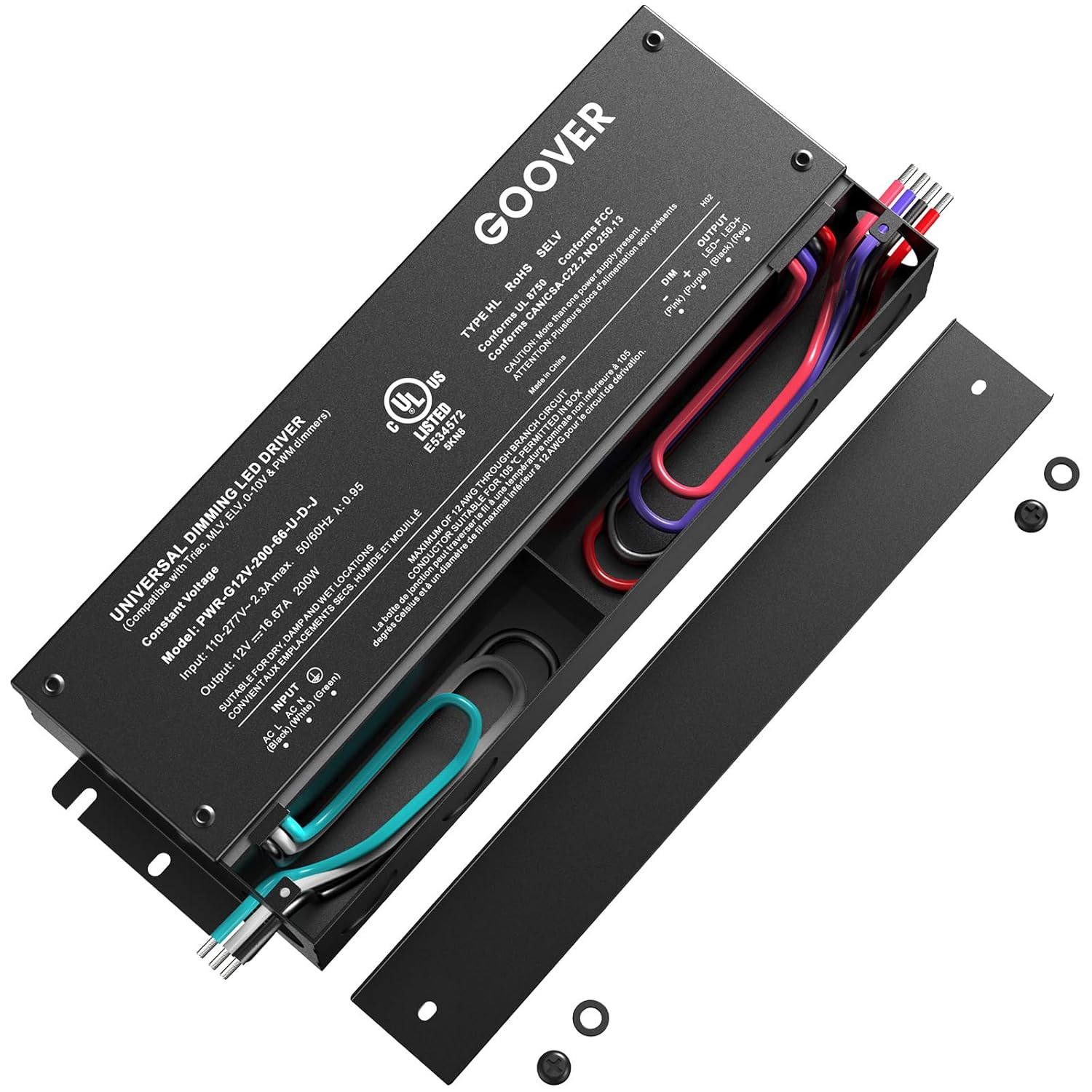 GOOVER 200W Dimmable LED Driver, 12V Triac Dimmable Power Supply, AC to DC Transformer for LED Light, Compatible with Lutron and Leviton Dimmer, Waterproof IP67 and UL Listed
