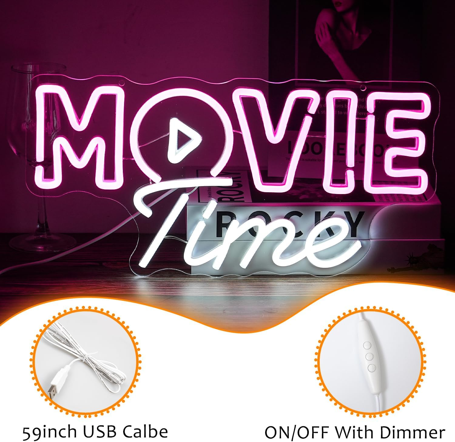 WX&YH Movie Time LED Neon Light Signs USB Power for Bedroom Home Cinema Party Decoration