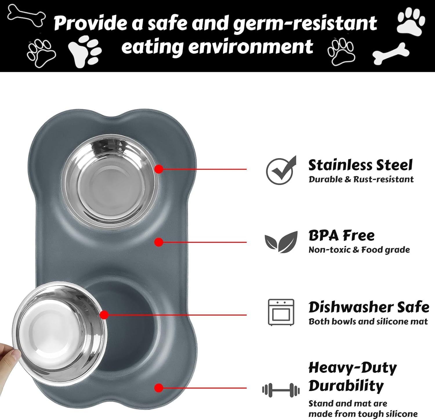 AsFrost Dog Food Bowls Stainless Steel Dog Food & Water Bowl Set with No Spill No Slip Silicone Mat, Dog Dishes for Small Medium Size Dogs Pet Cat Puppy Food Feeding Bowls, Grey, 24oz, 3 Cup