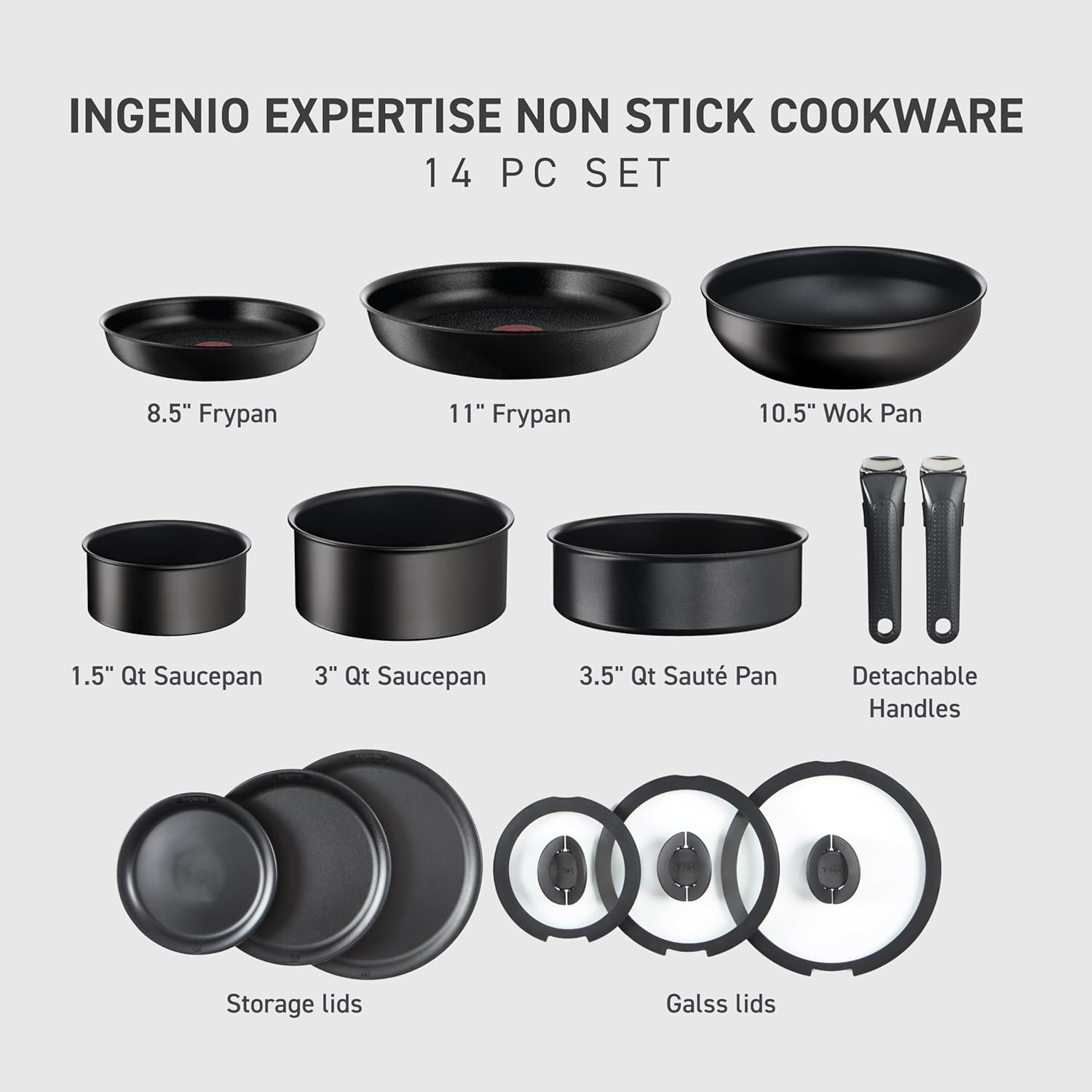 T-fal Ingenio Expertise Nonstick 14-Piece Cookware Set, Induction Oven Safe up to 500F, Detachable Handle, Onyx Black