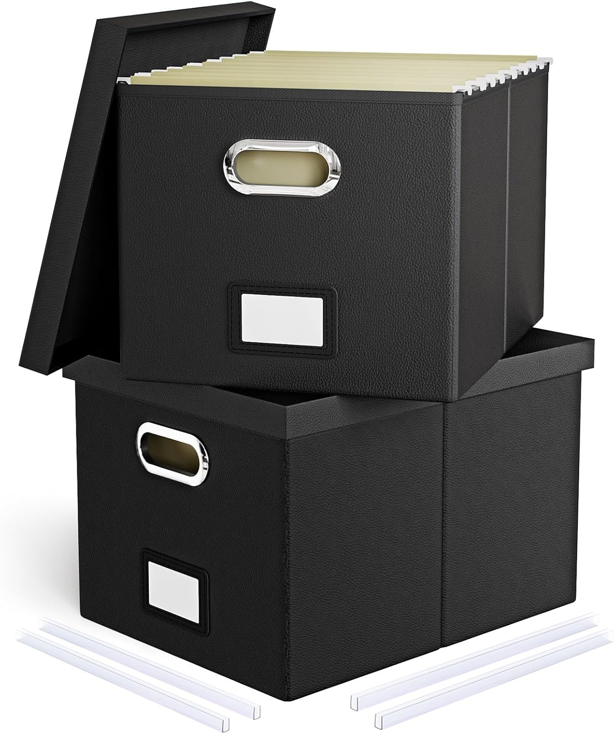 Gijjgole Collapsible Faux Leather Hanging File Folder Box Organizer with lid and Plastic Slides, Black