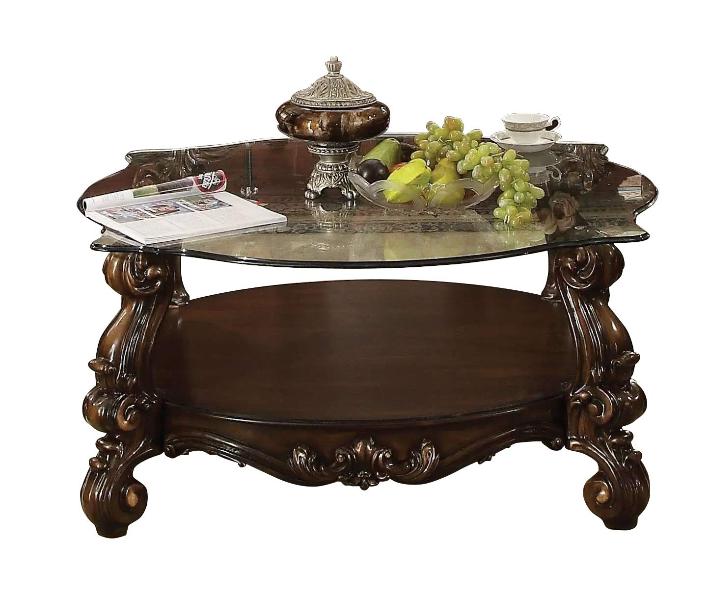 ACME Versailles Coffee Table, Cherry Oak & Clear Glass