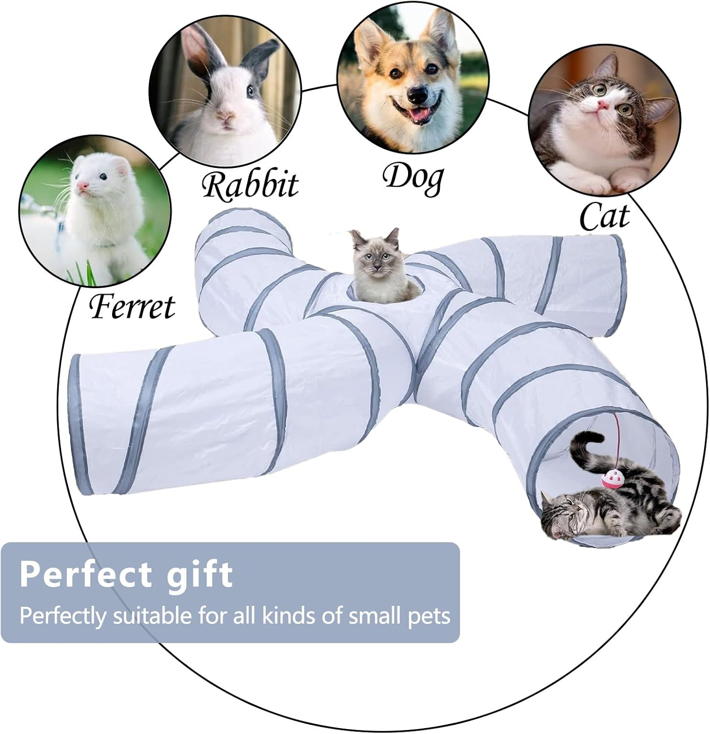 EGETOTA Cat Tunnel for Indoor Cats Large, with Play Ball S-Shape 4 Way Collapsible Interactive Peek Hole Pet Tube Toys, Puppy, Kitty, Kitten, Rabbit (S4 - White & Grey)
