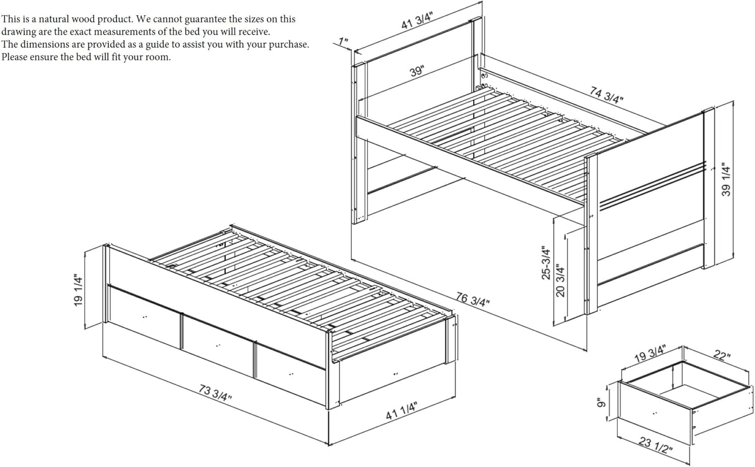 Bedz King All in One Twin Bed with Trundle and 3 Built in Drawers, Weathered Black