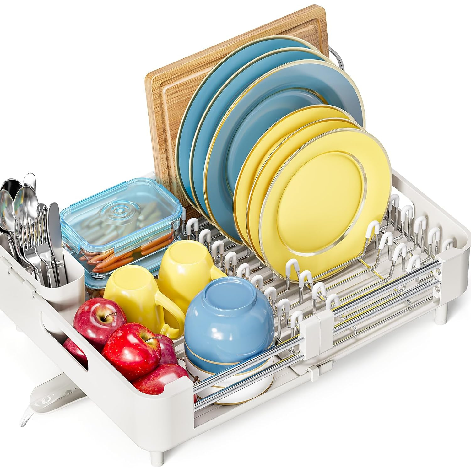 TOOLF Extendable Dish Rack, Dual Part Dish Drainers with Non-Scratch and Movable Cutlery Drainer and Drainage Spout, Adjustable Dish Drying Rack for Kitchen, 1 Piece White