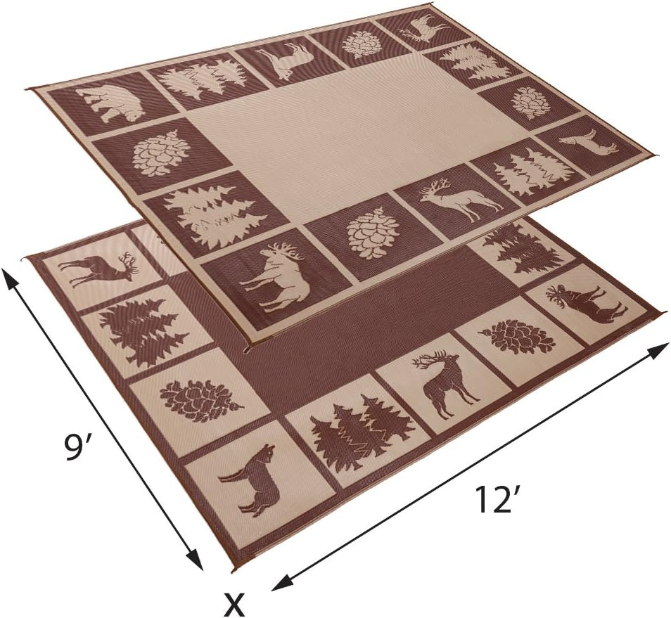 Stylish Camping 9-feet by 12-feet Reversible Mat, Plastic Straw Rug, Large Floor Mat for Outdoors, RV, Patio, Backyard, Picnic, Beach, Camping - Hunter Mat (Brown/Beige) Brown/Beige 9'x12'