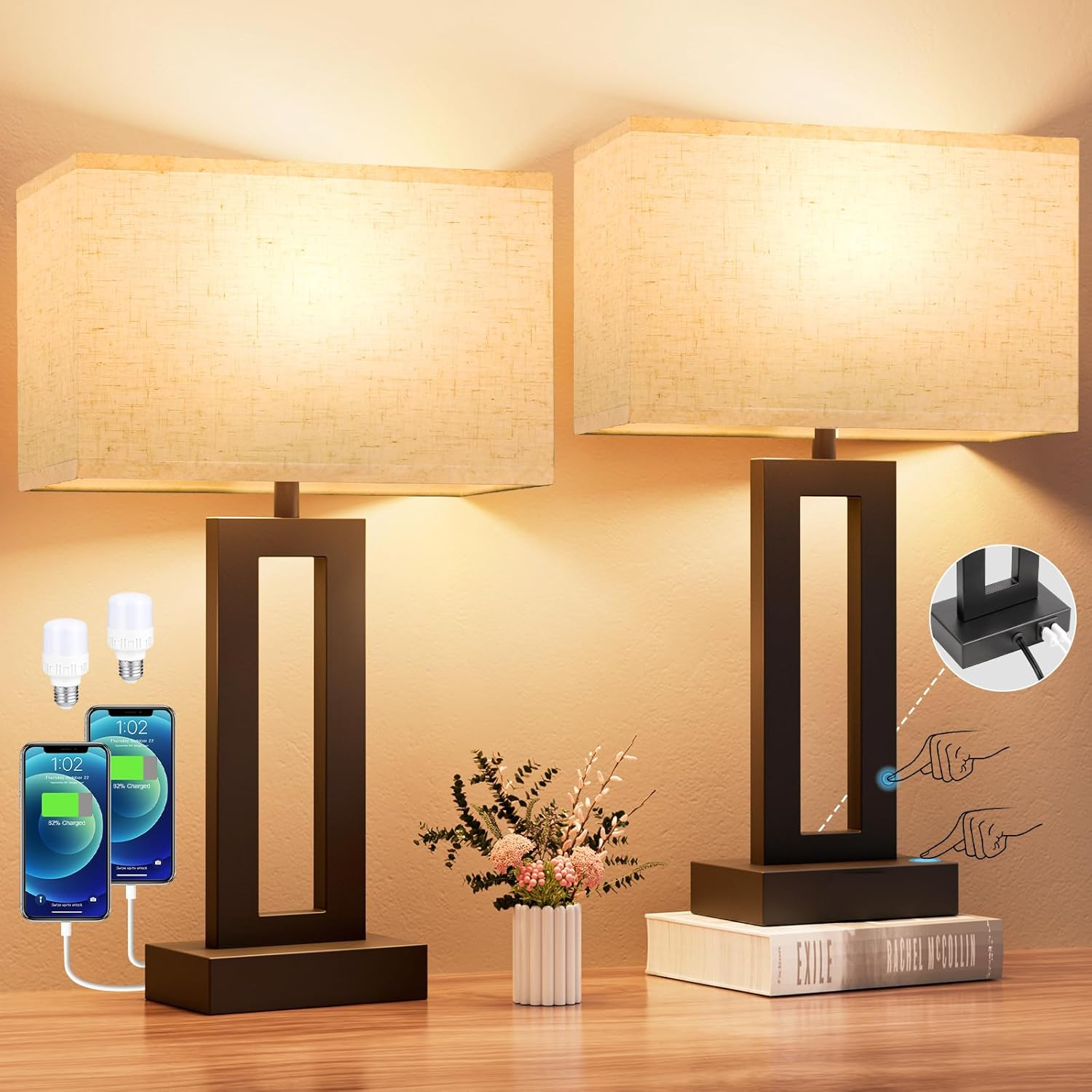 Nightstand Table Lamps for Bedrooms Set of 2 - Touch Bedside Lamp with USB C+A, 3 Way Dimmable Living Room Lamps for End Tables Set of 2, Modern Night Stand Lamps for Bed Side Guest Room(Cream)