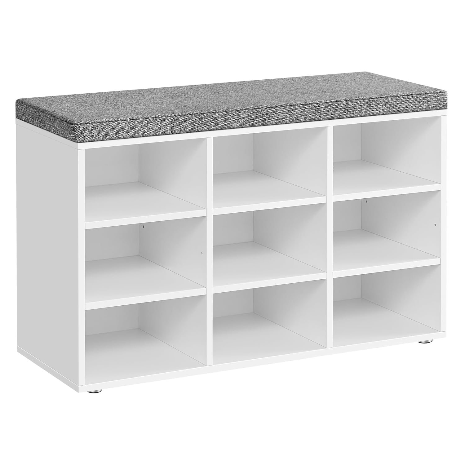 9-Compartment Adjustable Shelves Storage Bench with Cushion, White and Gray