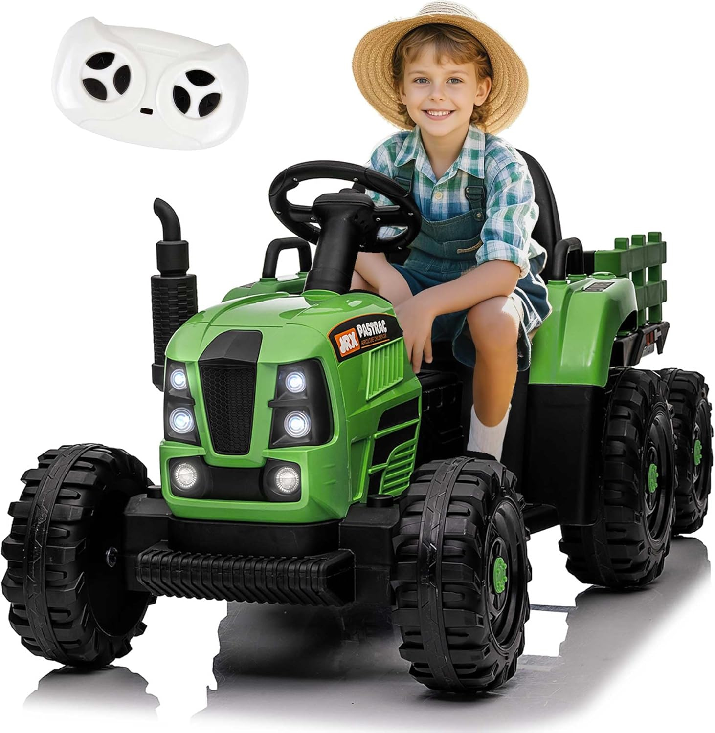 24V 400W Powered Electric Tractor for Kids, 3-Speed Ride On Tractor with Remote Control, USB/MP3/Bluetooth, LED Lights, Safety Belt, 1.86-4.97 MPH，Green