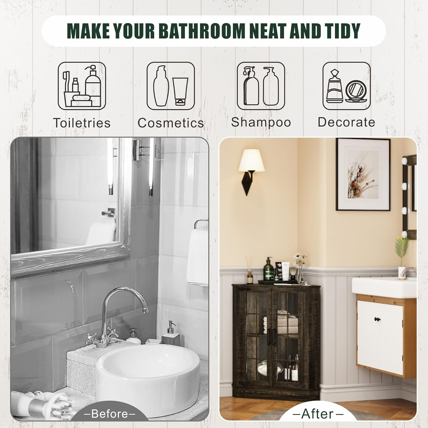 Farmhouse Corner Cabinet with LED Light, Small Bathroom Cabinet with 2 Doors, Free Standing Home Floor Corner Storage Cabinet for Laundry Room, Living Room or Kitchen, Rustic Brown