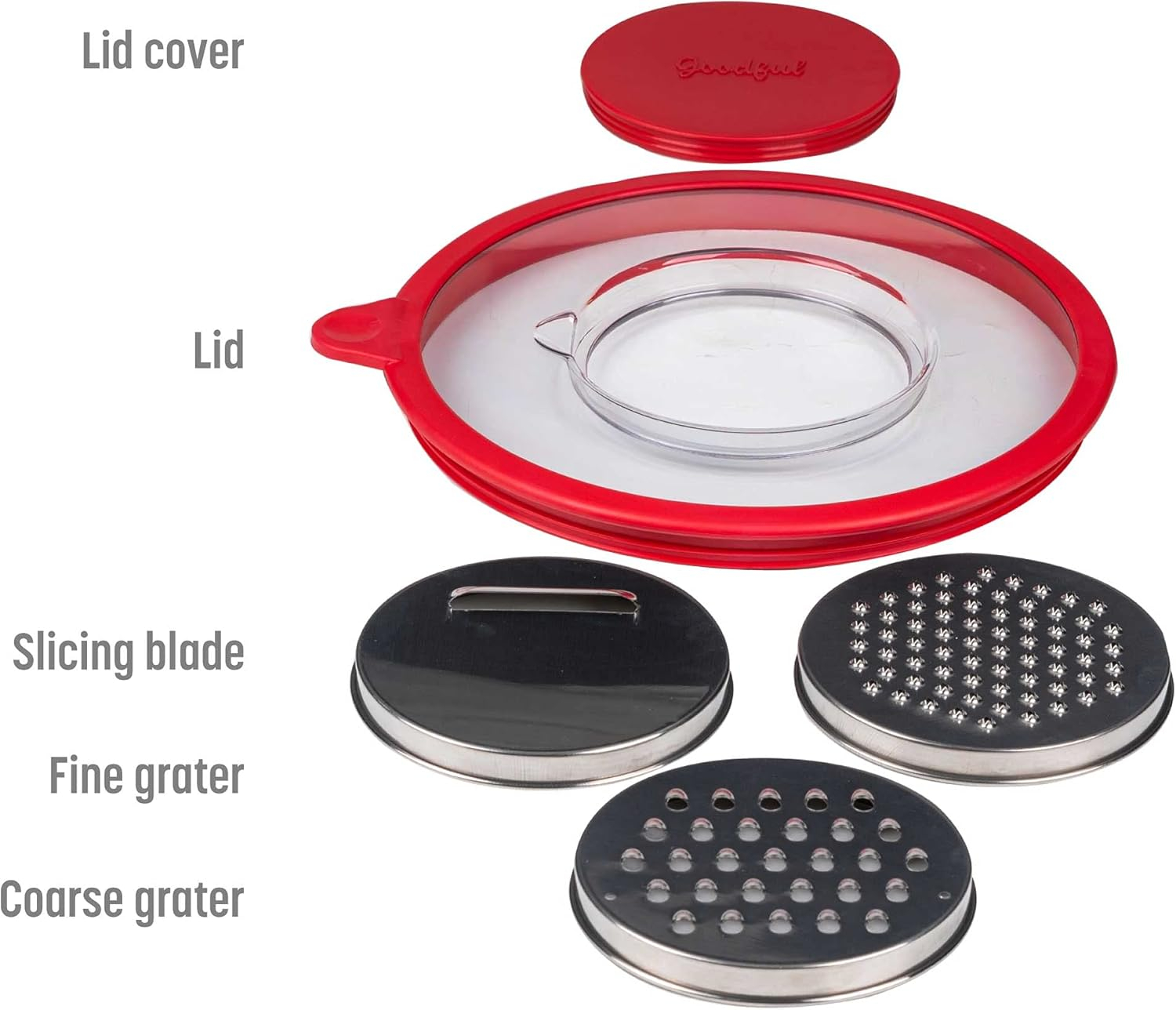 Goodful Stainless Steel Mixing Bowl with Non-Slip Bottom, Lid and 3 Interchangeable Grater Inserts (Fine, Coarse, Slicing), 5 Quart, Red